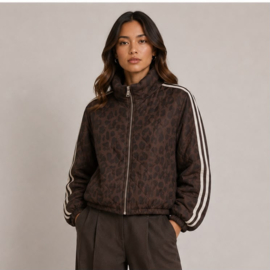 Jas met hoge kraag en bruine leopard print en streep