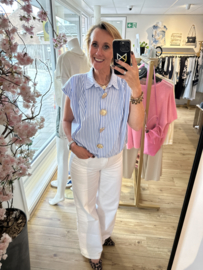 Blouse stripe chic met afneembare gouden broches