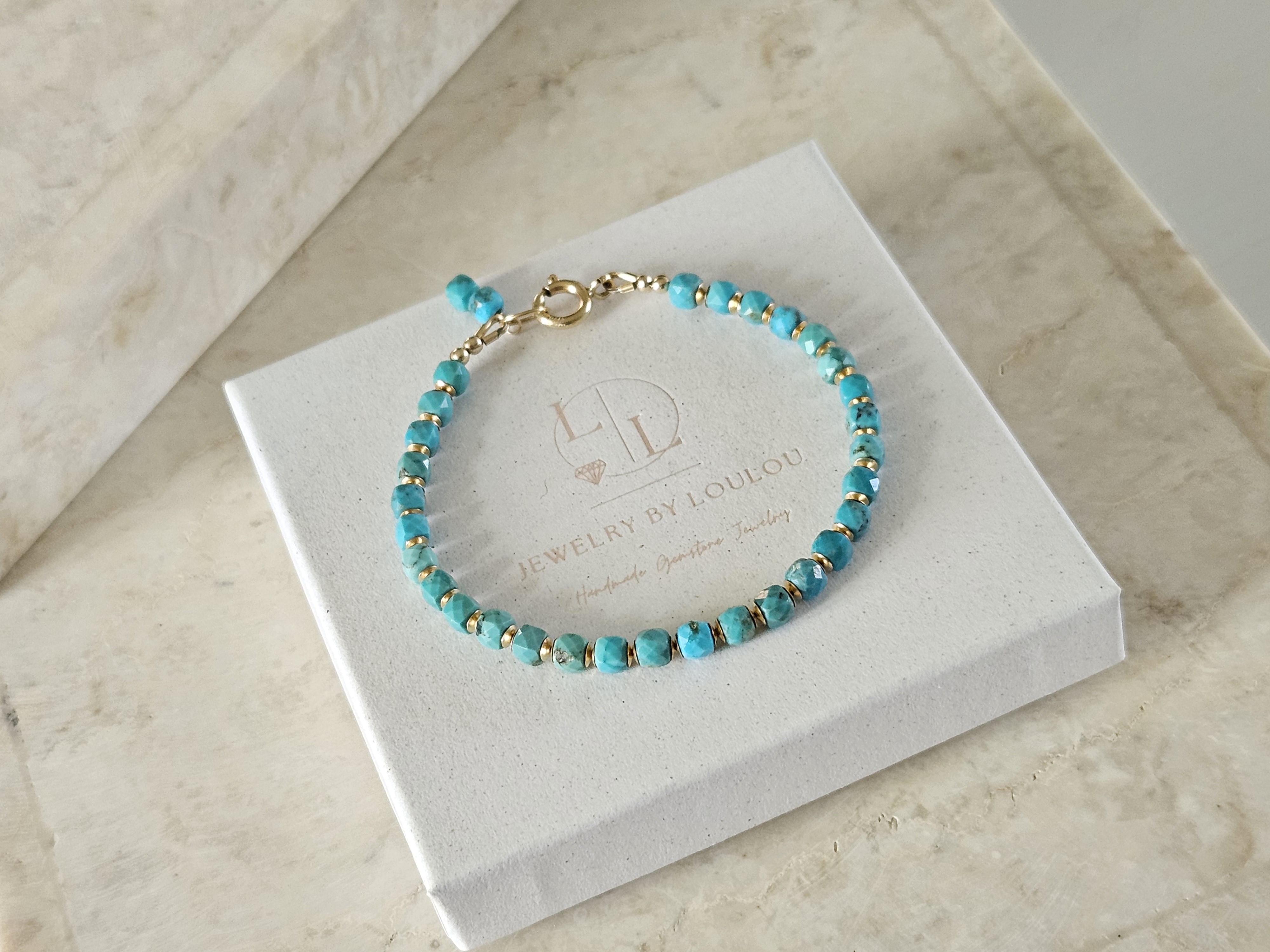 Natuurlijke Arizona Turquoise kralen armbandje, 14k goldfilled