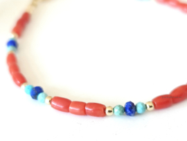 Red Deep Sea Coral, Lapis Lazuli and Turquoise beaded bracelet, 14k Goldfilled - 925 Sterling Silver