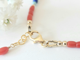 Red Deep Sea Coral, Lapis Lazuli and Turquoise beaded bracelet, 14k Goldfilled - 925 Sterling Silver