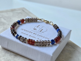 Rookkwarts, Kyaniet en  Granaat kralen armband, 14k goldfilled & 925 sterling zilver