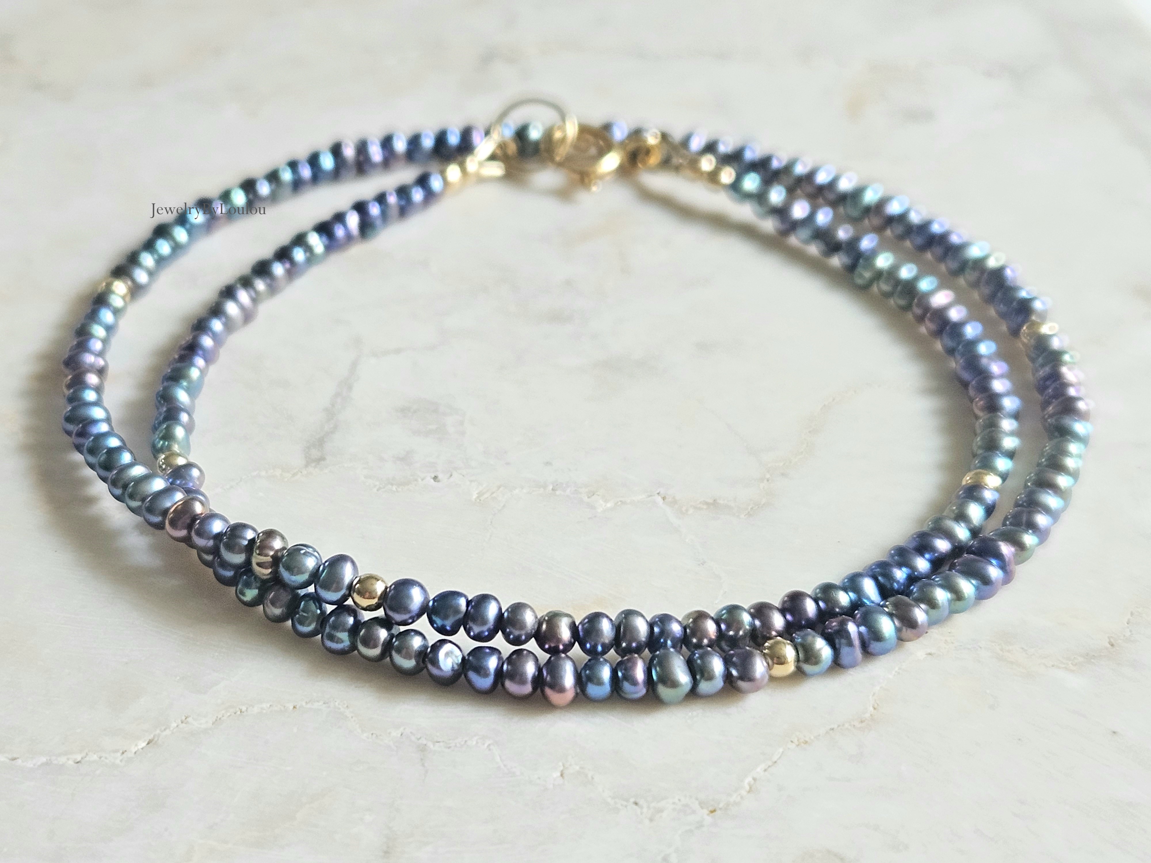 Peacock freshwaterpearl beaded necklace, 14k goldfilled - 925 sterling silver