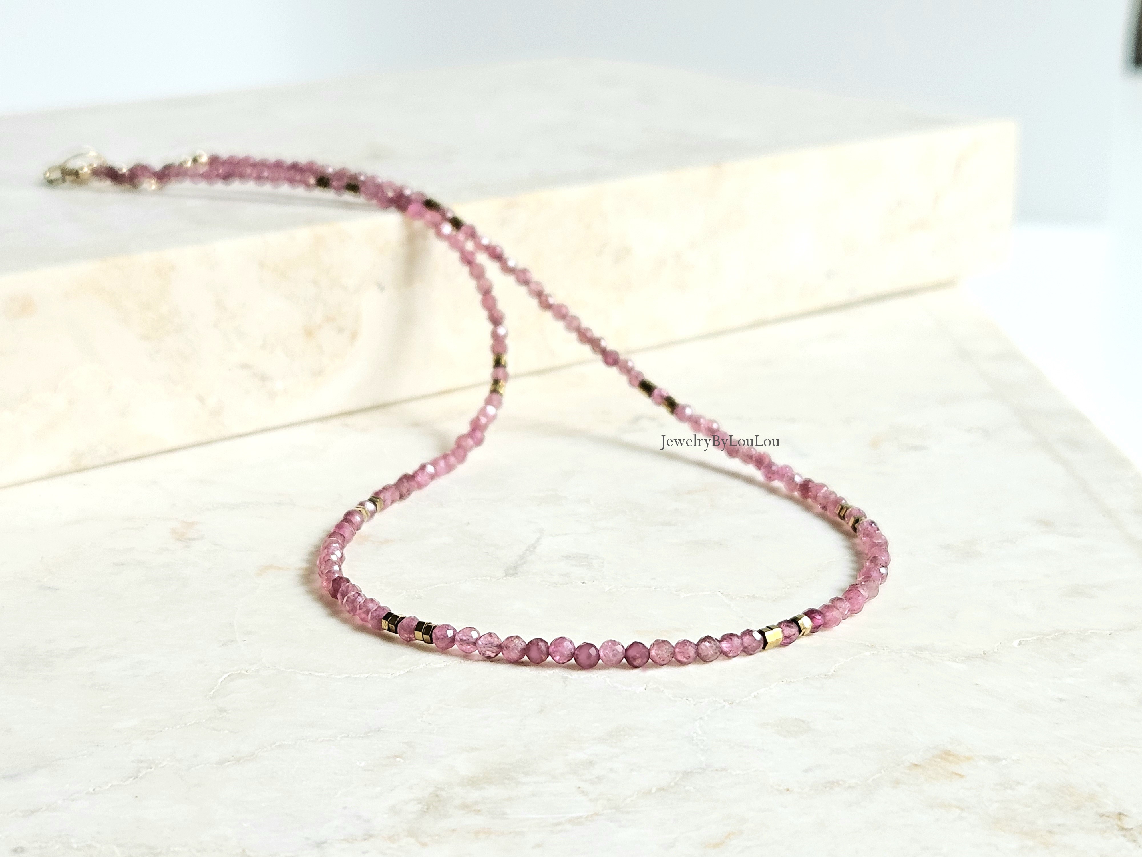 Roze Toermalijn kralen ketting, 14k goldfilled - 925 sterling zilver