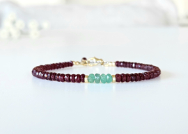 Ruby and Emerald gemstone beaded bracelet, 14k goldfilled & 925 sterling silver