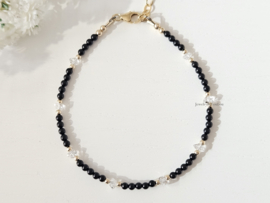 Zwarte Onyx en herkimer diamanten kralen armband, 14k goldfilled - 925 sterling zilver