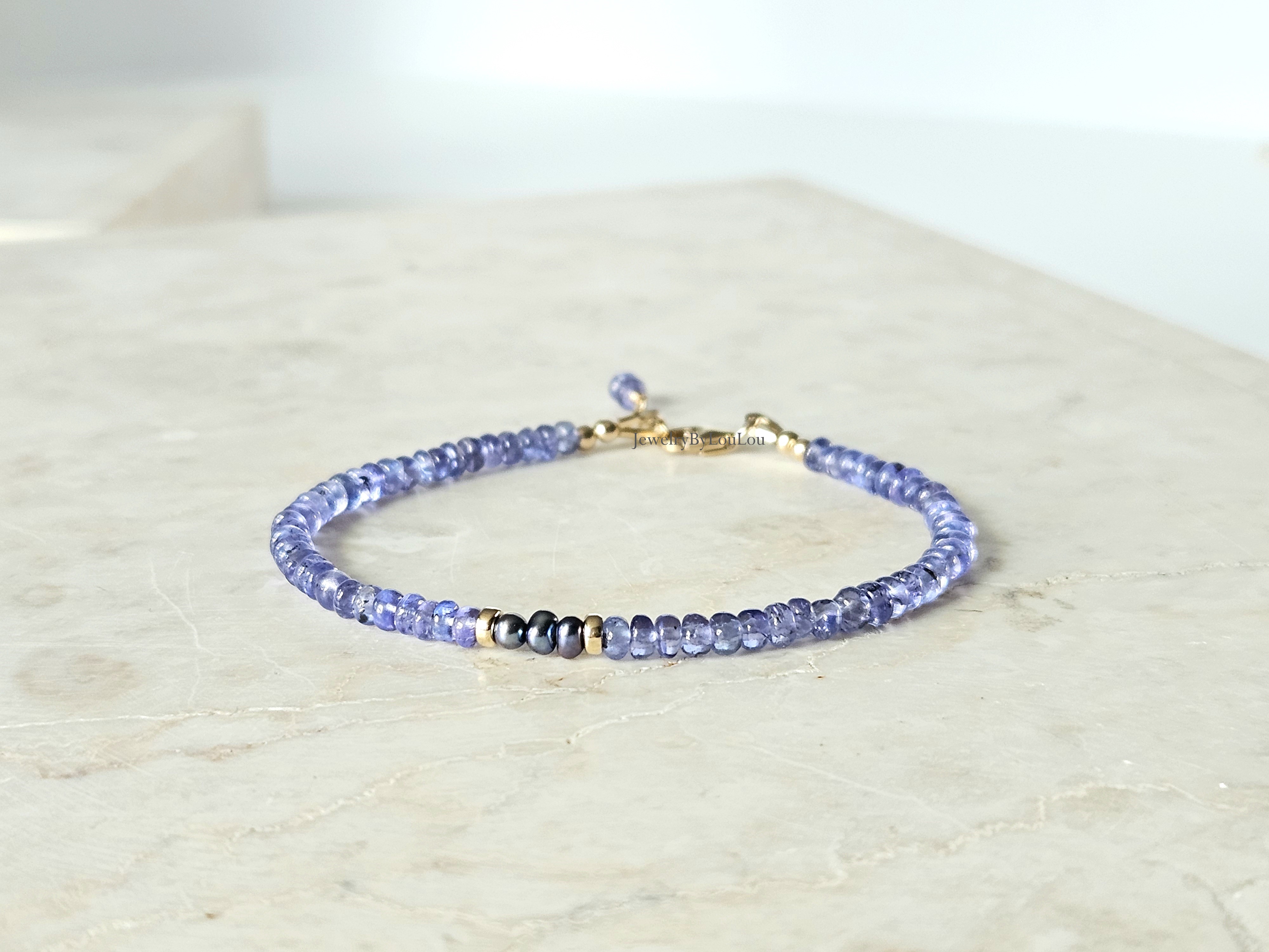 Tanzanite and Peacock freshwaterpearl beaded bracelet, 14k goldfilled - 925 sterling silver