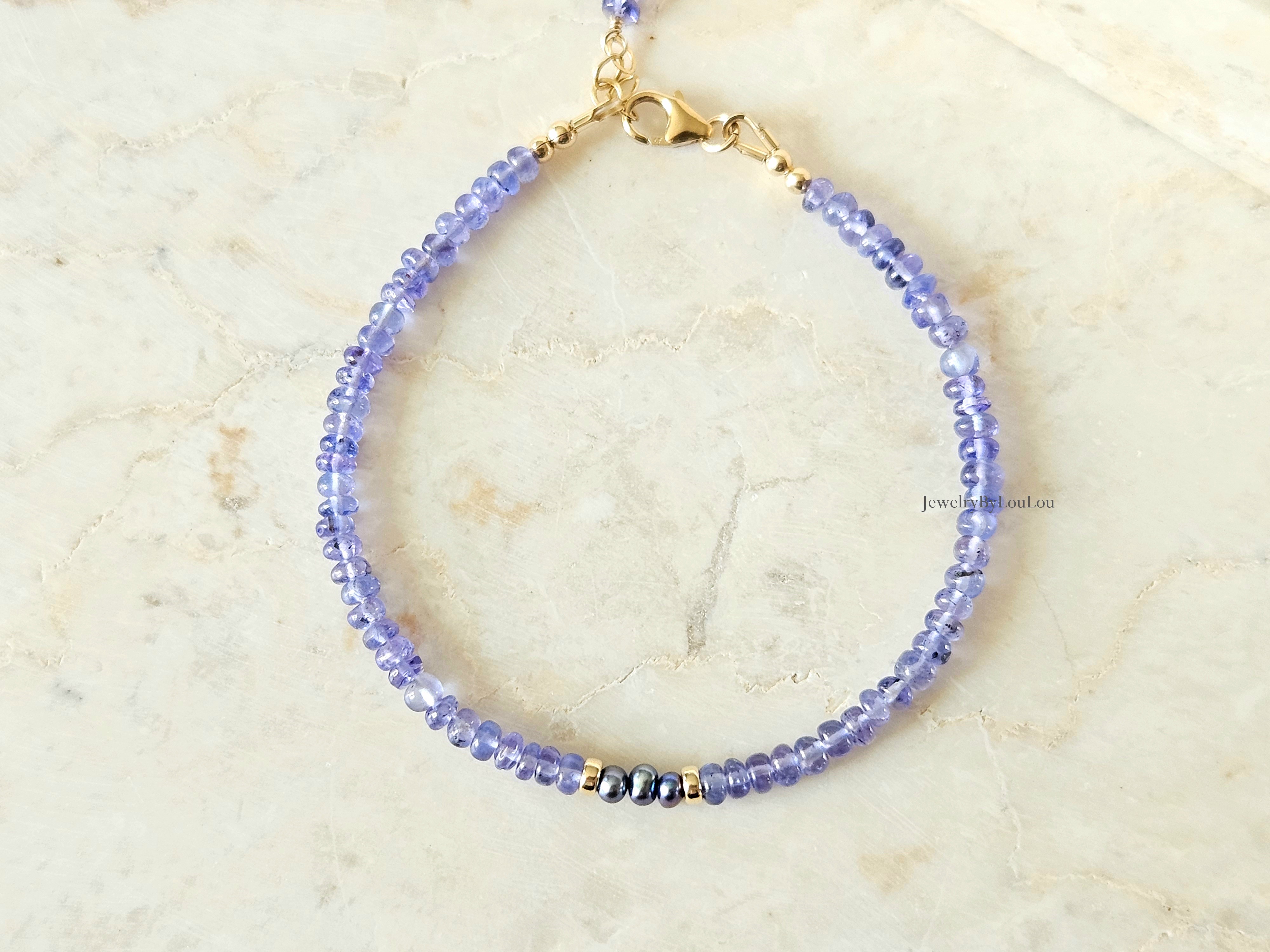 Tanzanite and Peacock freshwaterpearl beaded bracelet, 14k goldfilled - 925 sterling silver