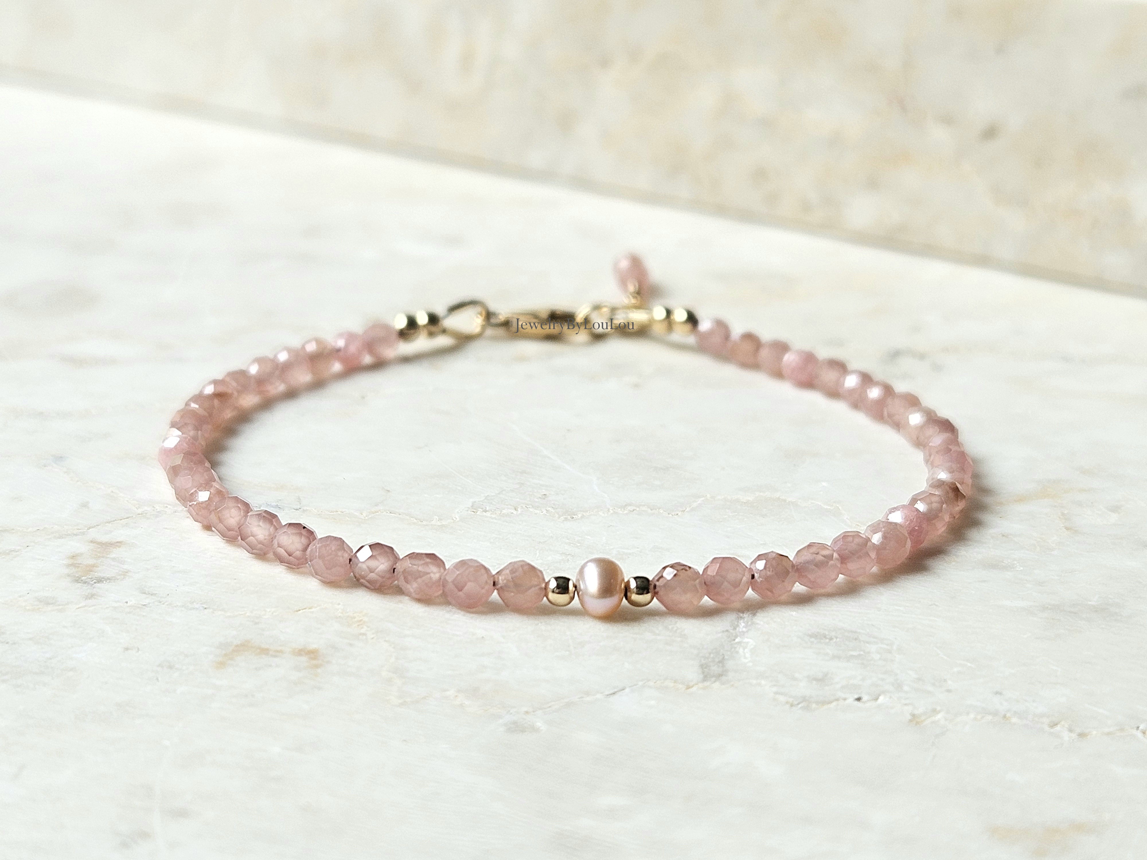 Rhodochrosiet en zoetwaterparel kralen armband, 14k goldfilled & 925 sterling zilver
