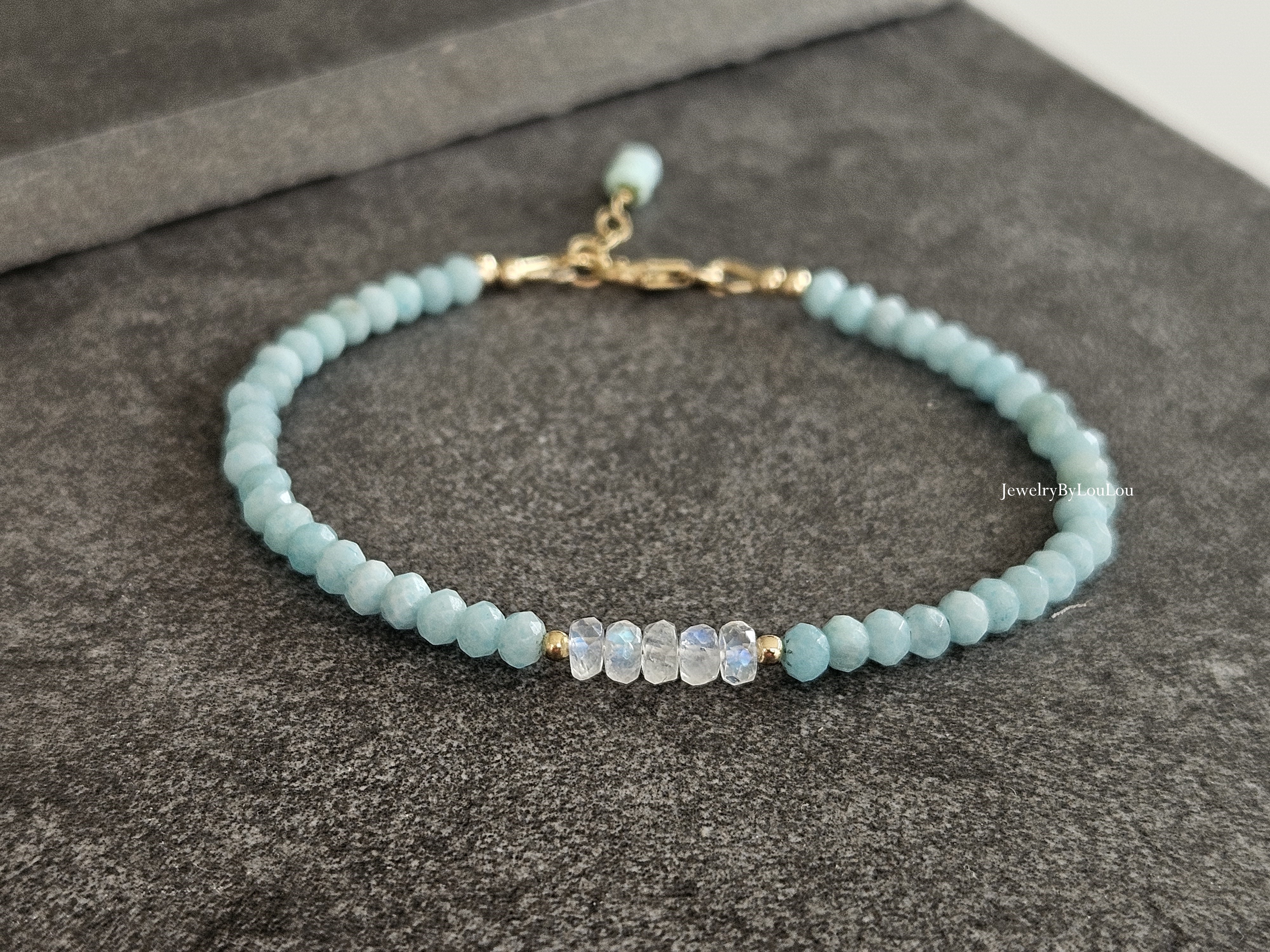 Larimar  en Maansteen kralen armband, 14k goldfilled & 925 sterling zilver