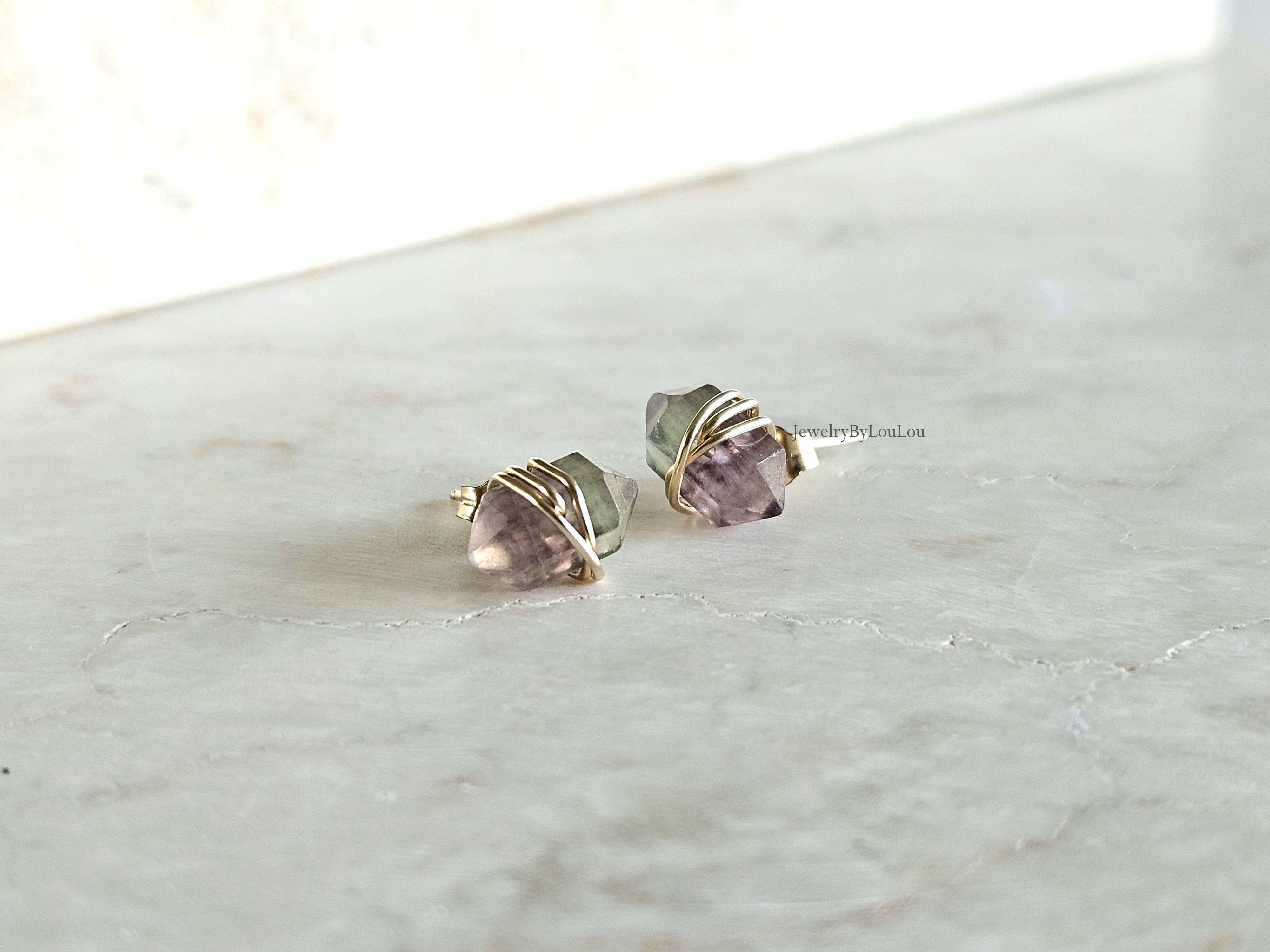 Fluoriet studs oorbellen  14k goldfilled & 925 sterling zilver