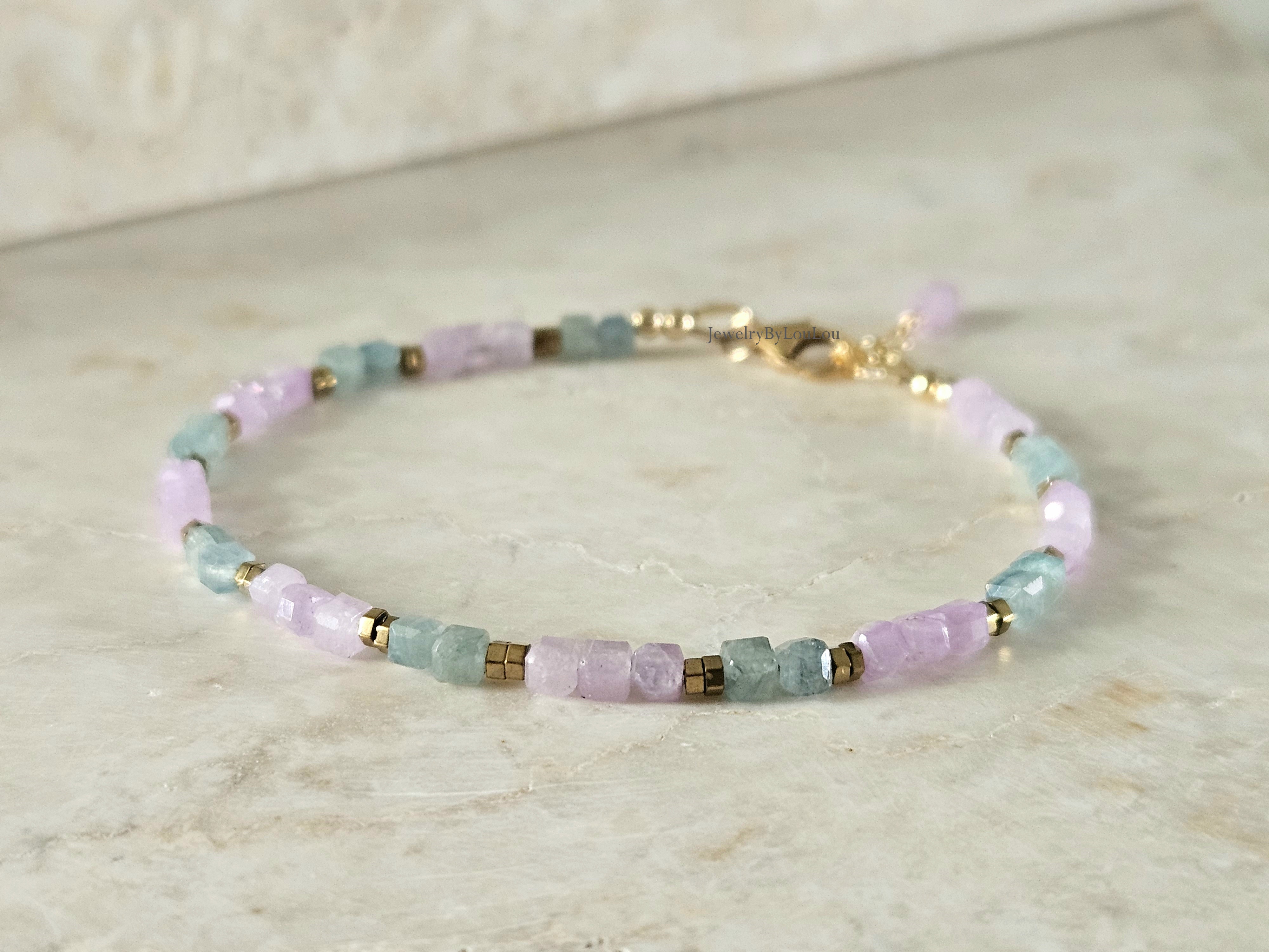 Kunziet en groen-blauwe Kyaniet kralen armband, 14k goldfilled & 925 sterling zilver