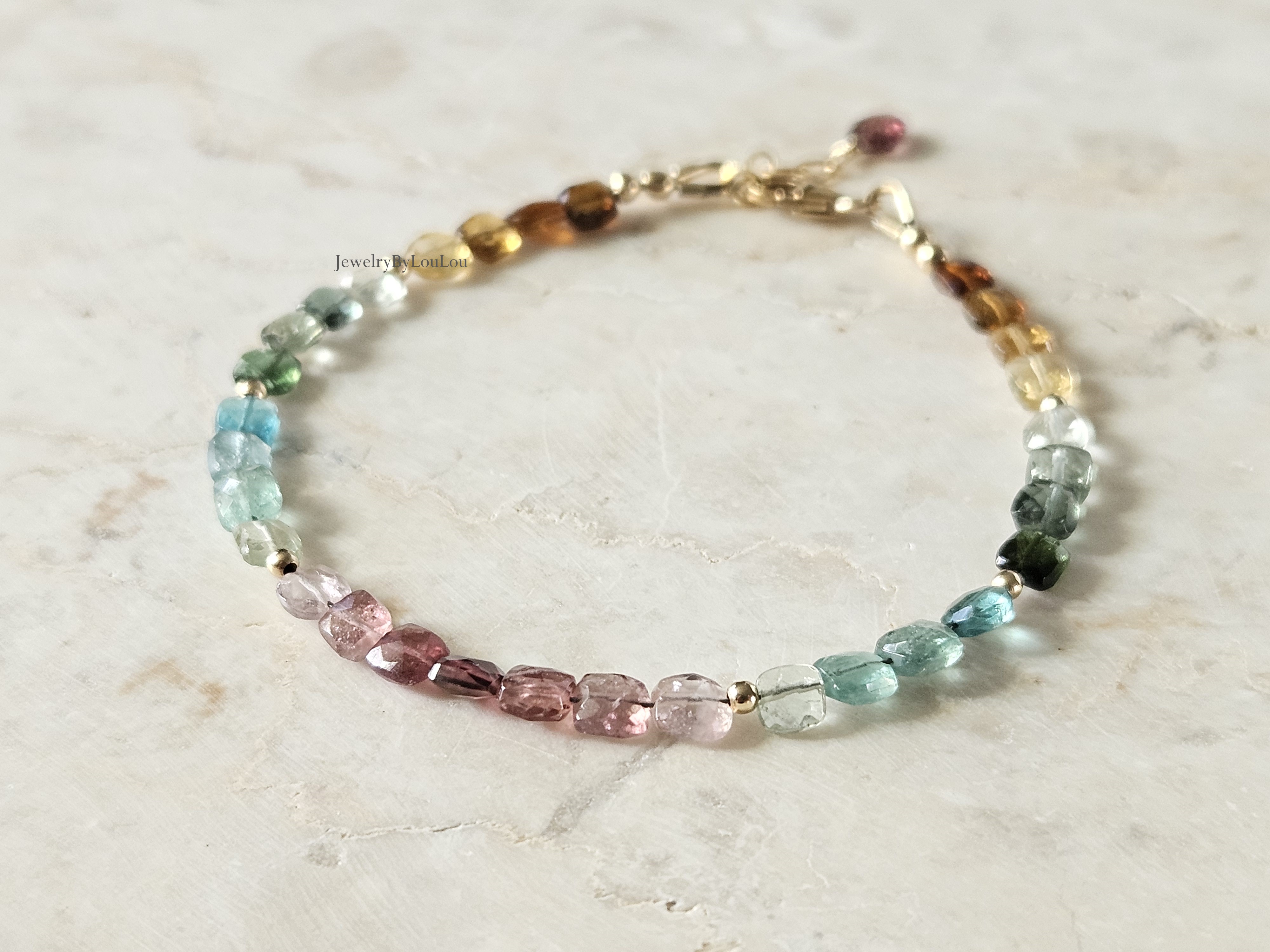 Multi Tourmaline beaded bracelet, 14k goldfilled - 925 sterling silver