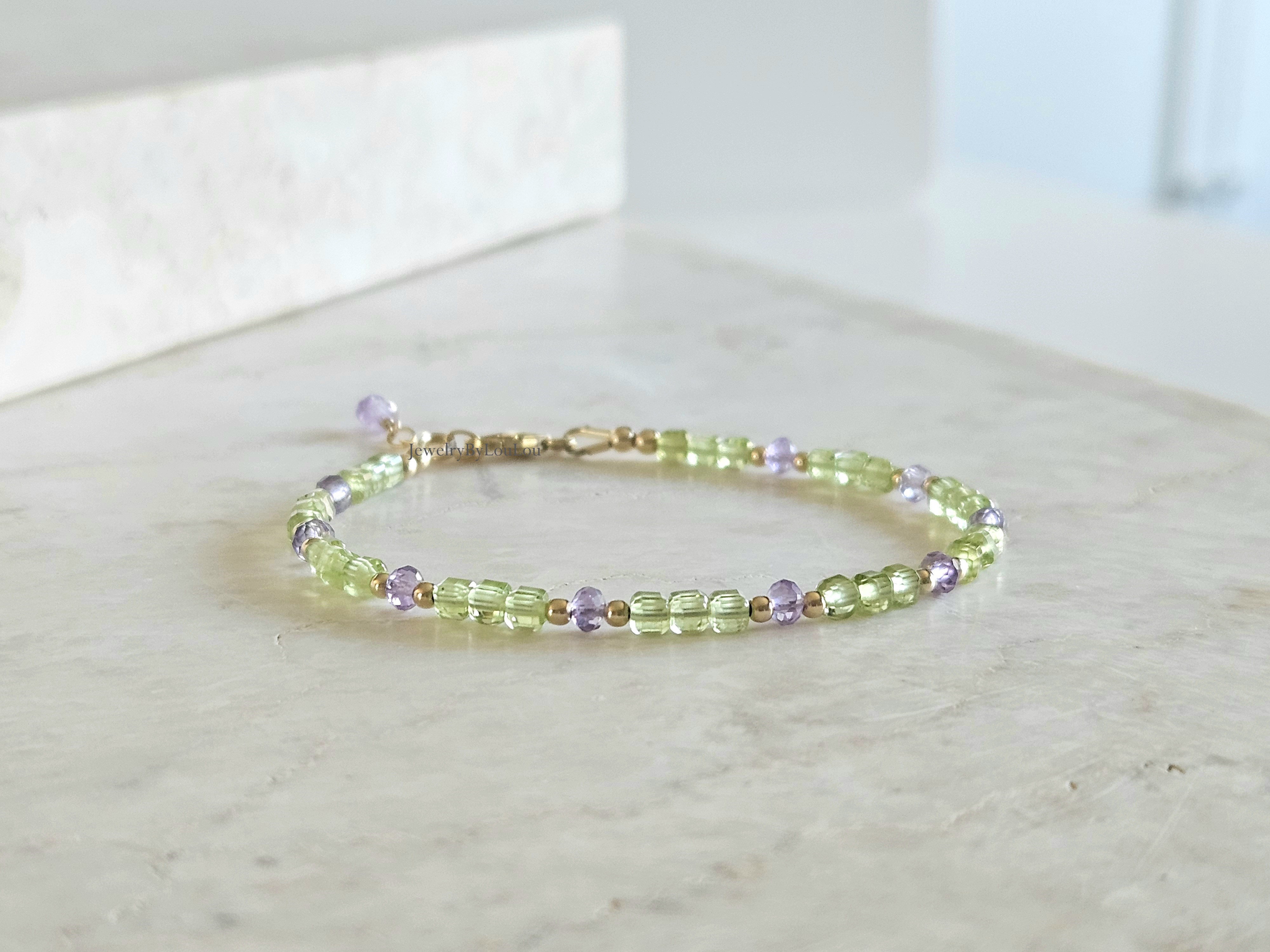 AAA quality Peridot and Amethyst beaded bracelet, 14k goldfilled & 925 sterling silver