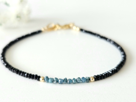 Zwarte Spinel en blauwe ruwe diamanten kralen armband, 14k goldfilled - 925 sterling zilver
