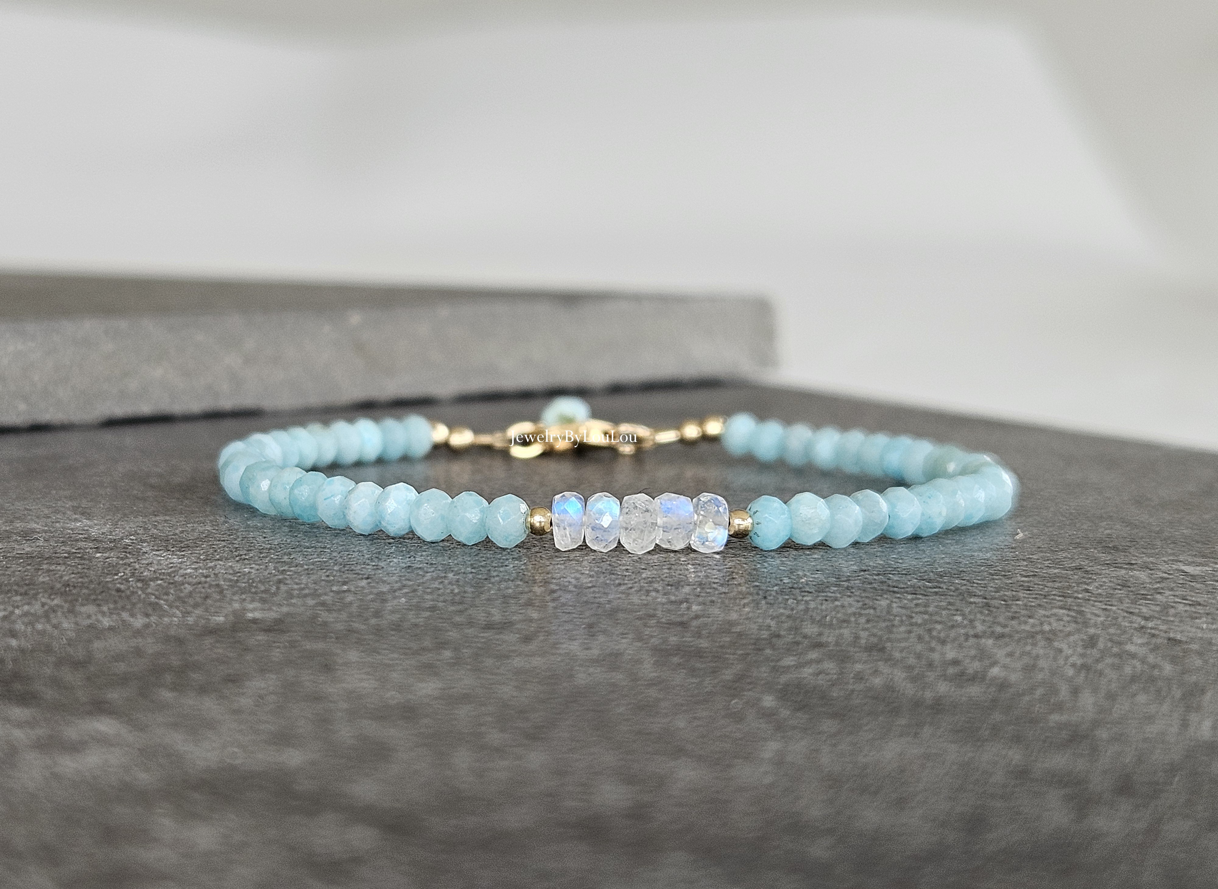 Larimar  en Maansteen kralen armband, 14k goldfilled & 925 sterling zilver