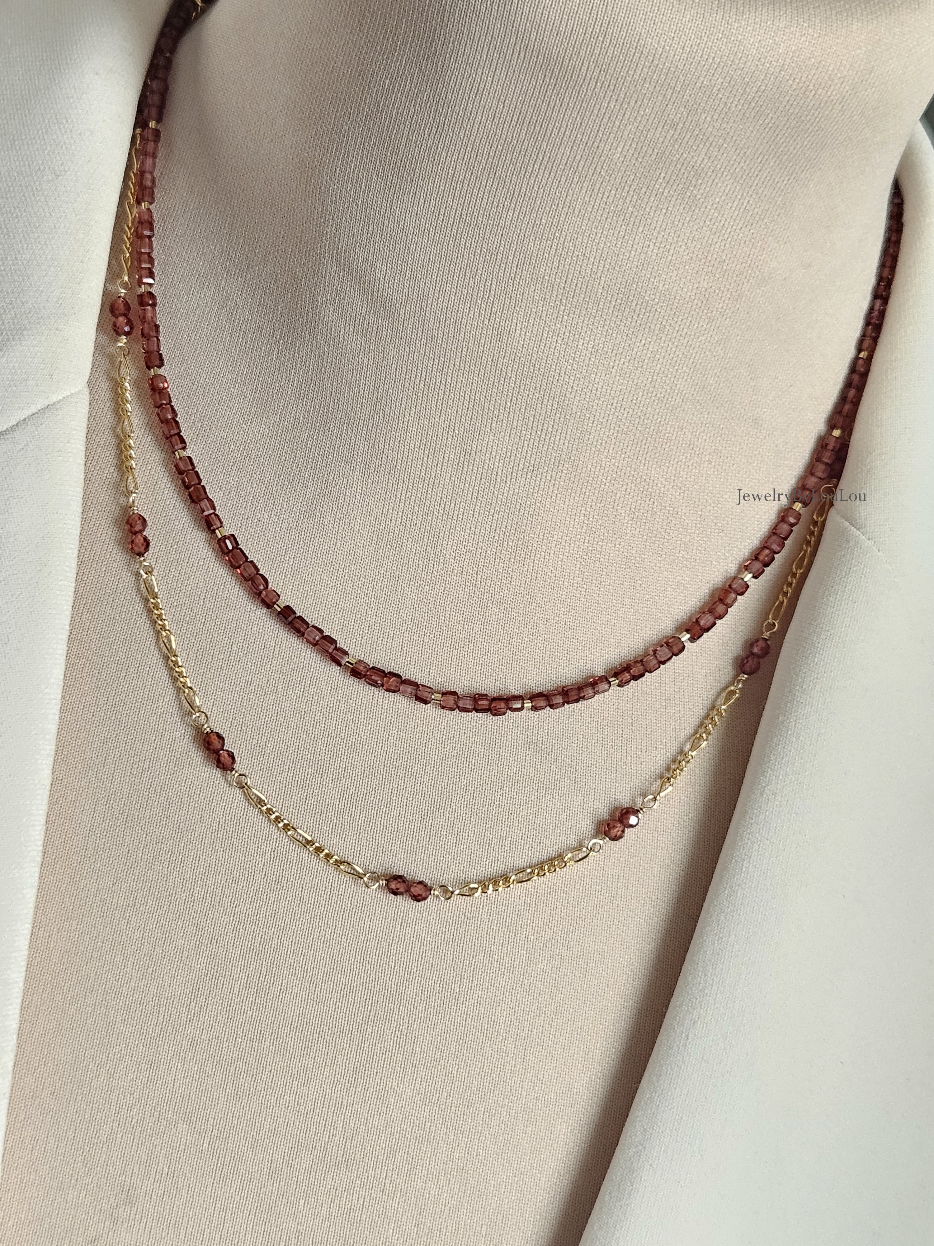 AAA Malaya Granaat kralen ketting choker, 14k goldfilled - 925 sterling zilver