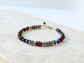 Rookkwarts, Kyaniet en  Granaat kralen armband, 14k goldfilled & 925 sterling zilver