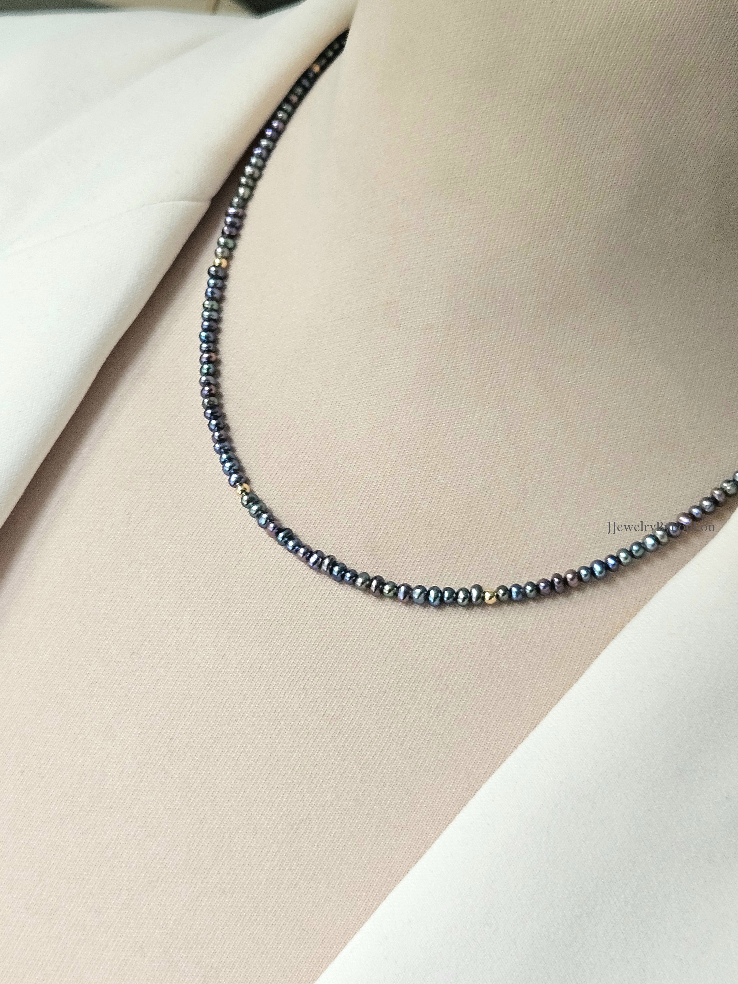 Peacock freshwaterpearl beaded necklace, 14k goldfilled - 925 sterling silver