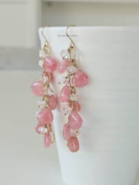 Rhodochrosiet en Herkimer diamanten cluster oorbellen 14k goldfilled 925 sterling zilver