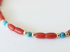 Rode diepzee Koraal en Turquoise kralen armband, 14k goldfilled - 925 sterling zilver