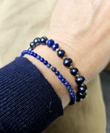 Donkerblauwe zoetwaterparel en Lapis Lazuli kralenarmband ,  925 sterling zilver - 14k goldfilled