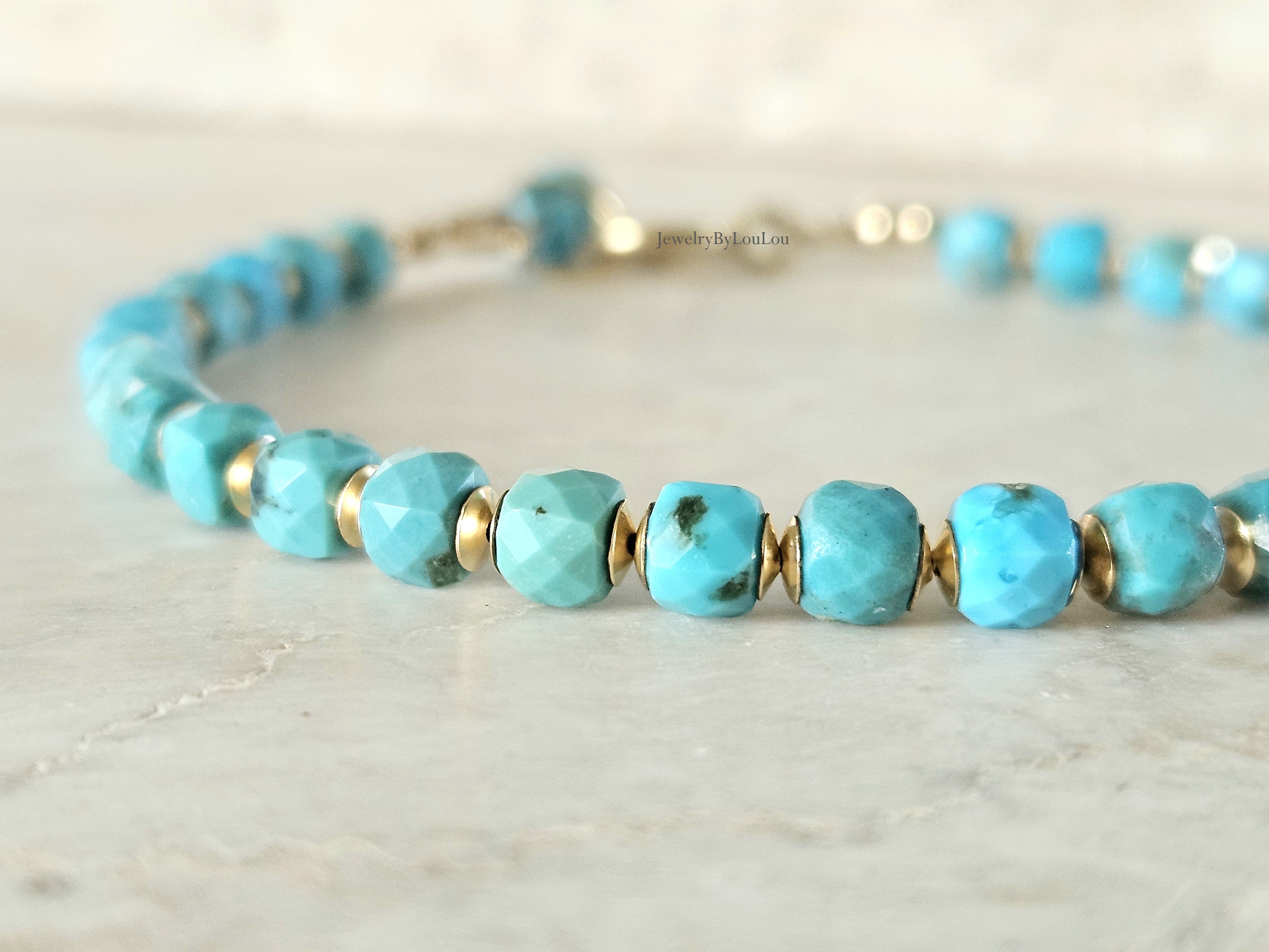 Natuurlijke Arizona Turquoise kralen armbandje, 14k goldfilled