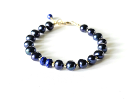 Donkerblauwe zoetwaterparel en Lapis Lazuli kralenarmband ,  925 sterling zilver - 14k goldfilled