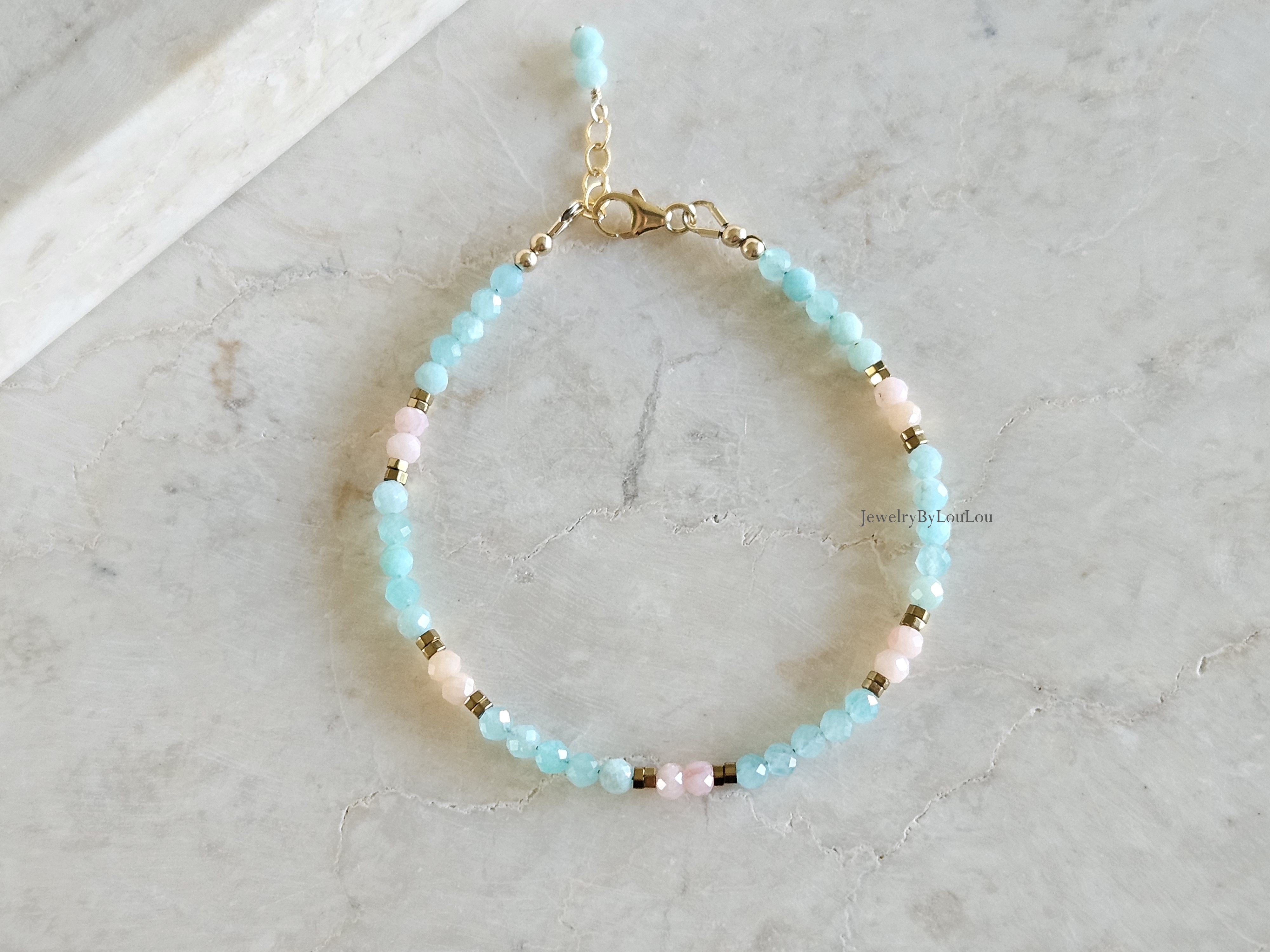 Amazoniet  en roze Opaal kralen armband, 14k goldfilled - 925 sterling zilver
