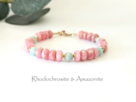 Rhodochrosiet & Amazoniet kralen armband, leverbaar 14k goldfilled - 925 sterling zilver