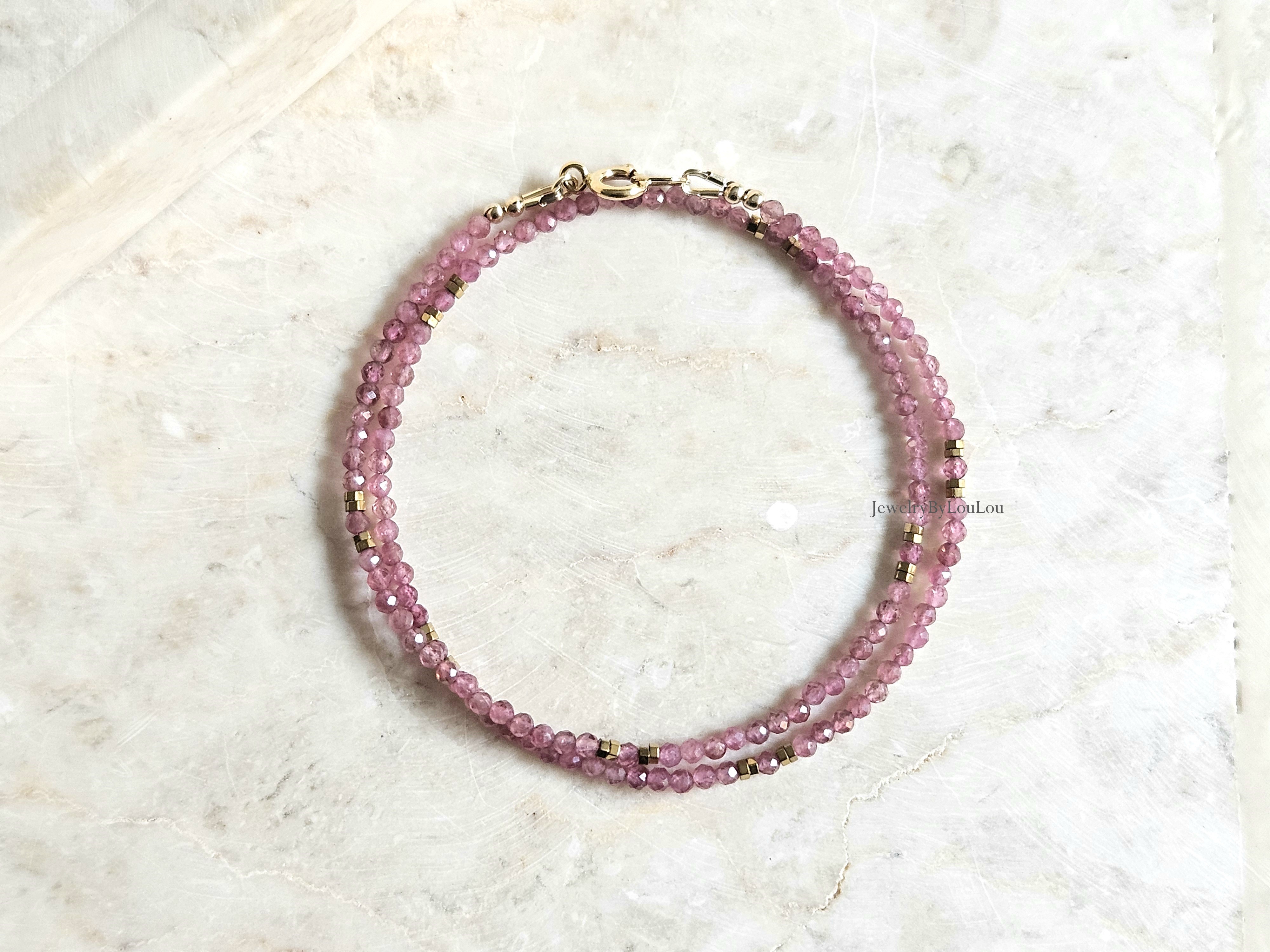 Roze Toermalijn kralen ketting, 14k goldfilled - 925 sterling zilver