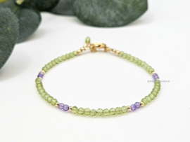 Peridot and Amethyst gemstone beaded bracelet, 14k goldfilled & 925 sterling silver