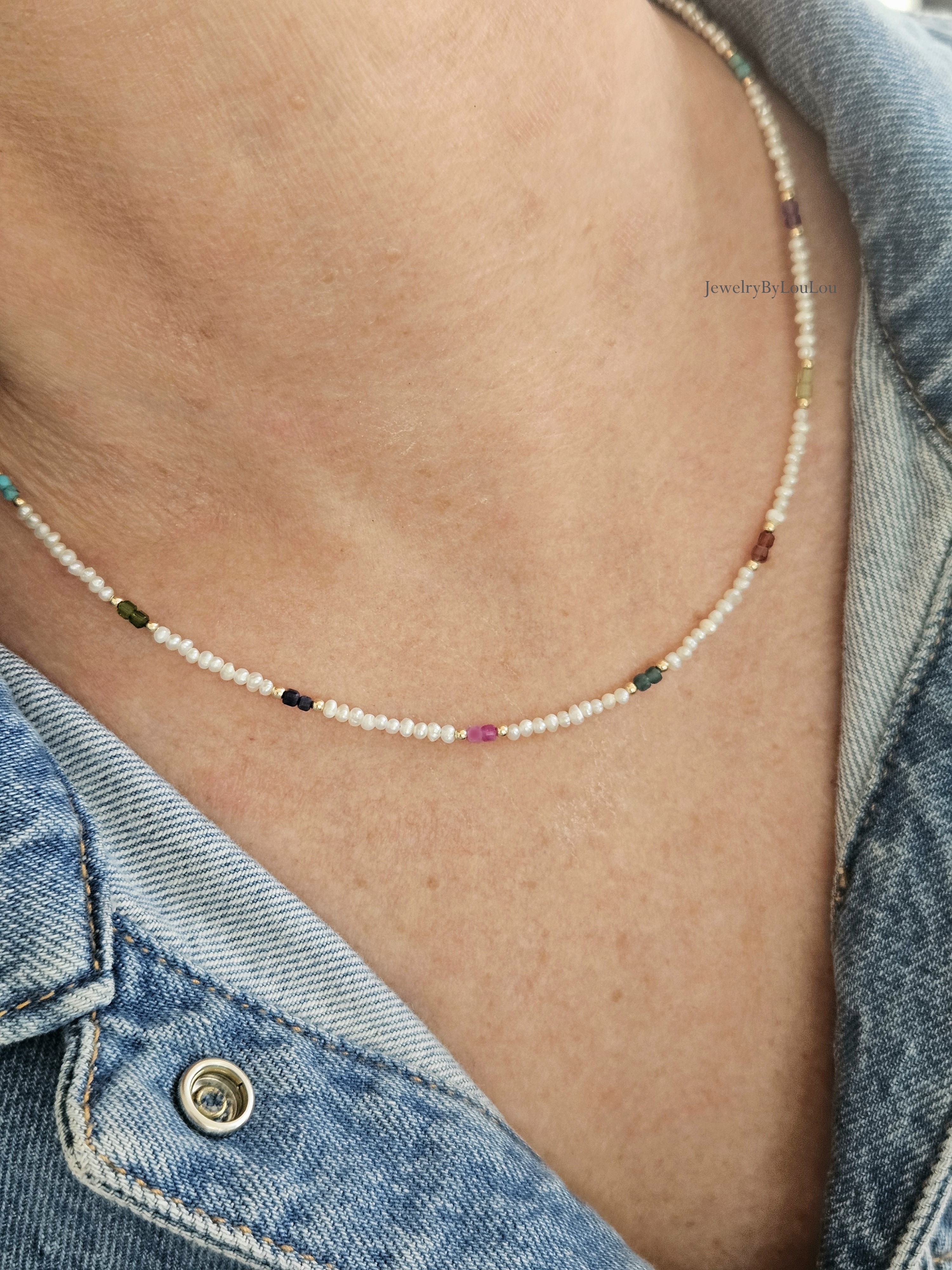 Zoetwaterparels en Edelstenen kralen ketting, 14k goldfilled - 925 sterling zilver