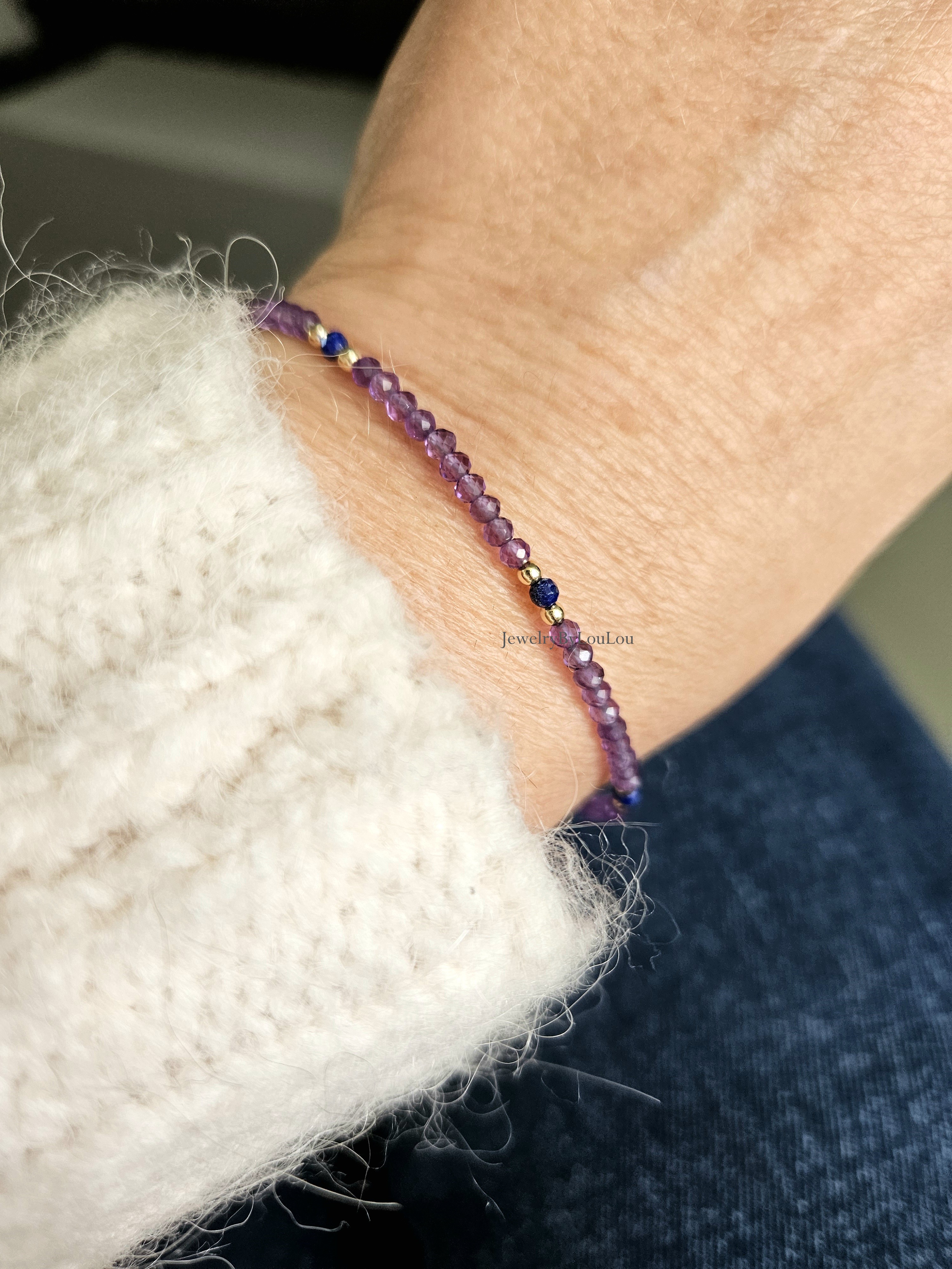 Amethist & Lapis Lazuli edelstenen kralen armband, leverbaar 14k goldfilled - 925 sterling zilver
