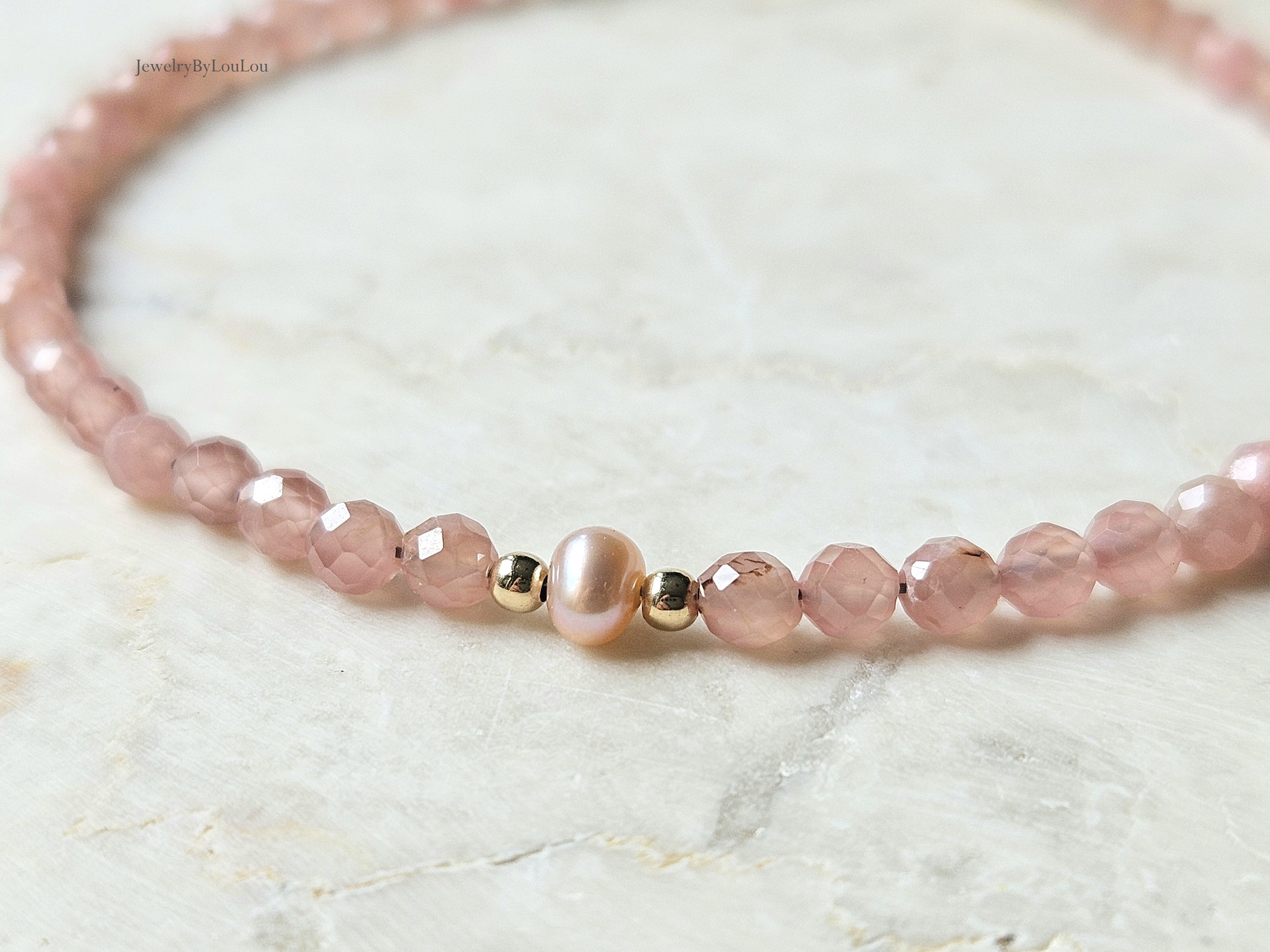 Rhodochrosiet en zoetwaterparel kralen armband, 14k goldfilled & 925 sterling zilver