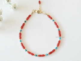 Rode diepzee Koraal en Turquoise kralen armband, 14k goldfilled - 925 sterling zilver