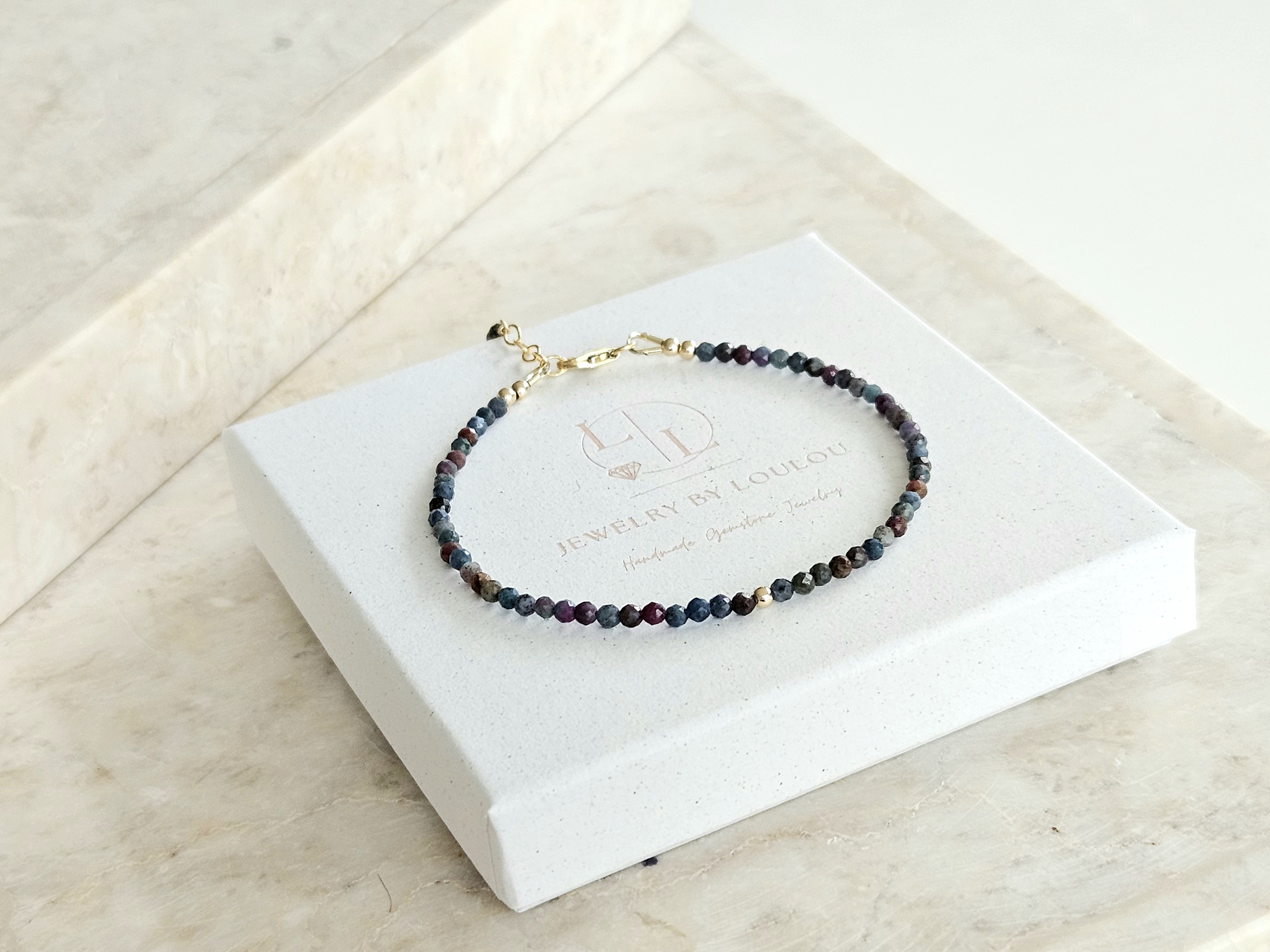 Robijn-Fuchsiet in Kyaniet kralen armband  14k goldfilled - 925 sterling zilver