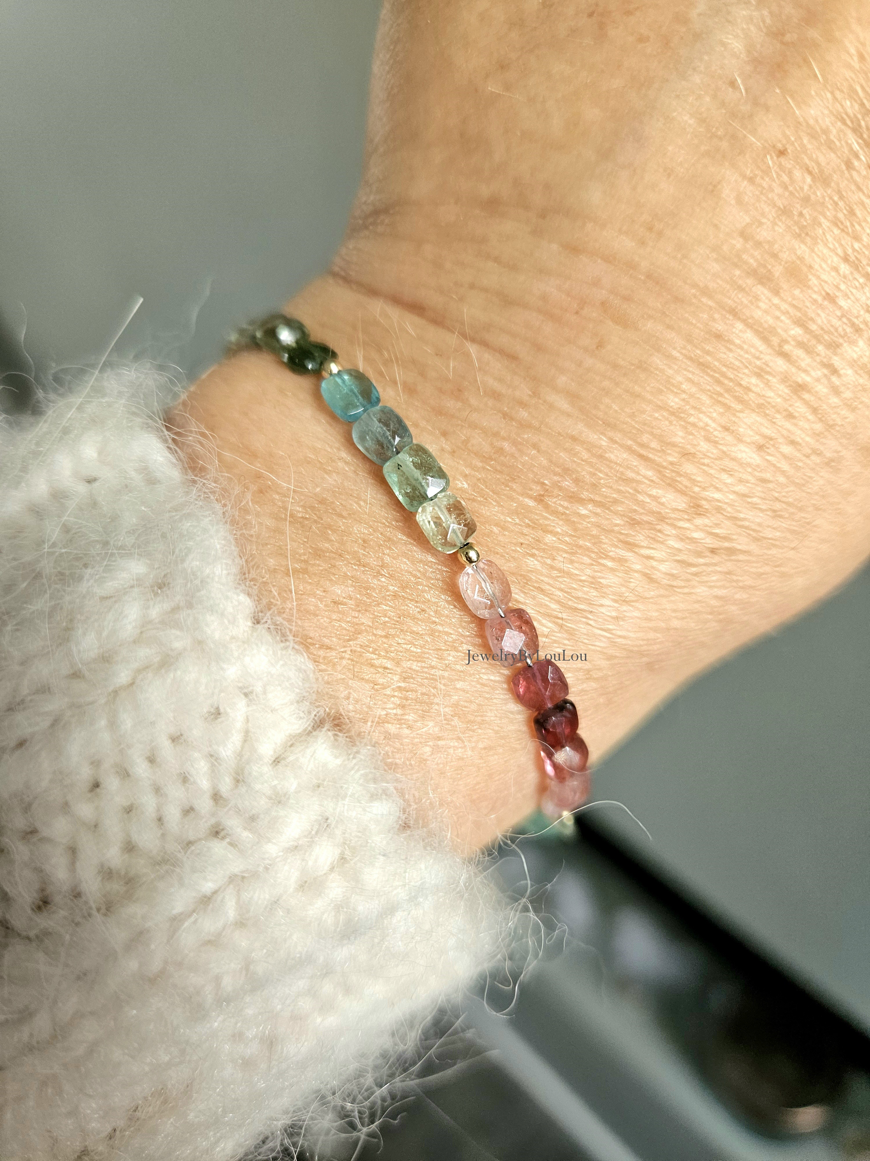 Multi Tourmaline beaded bracelet, 14k goldfilled - 925 sterling silver