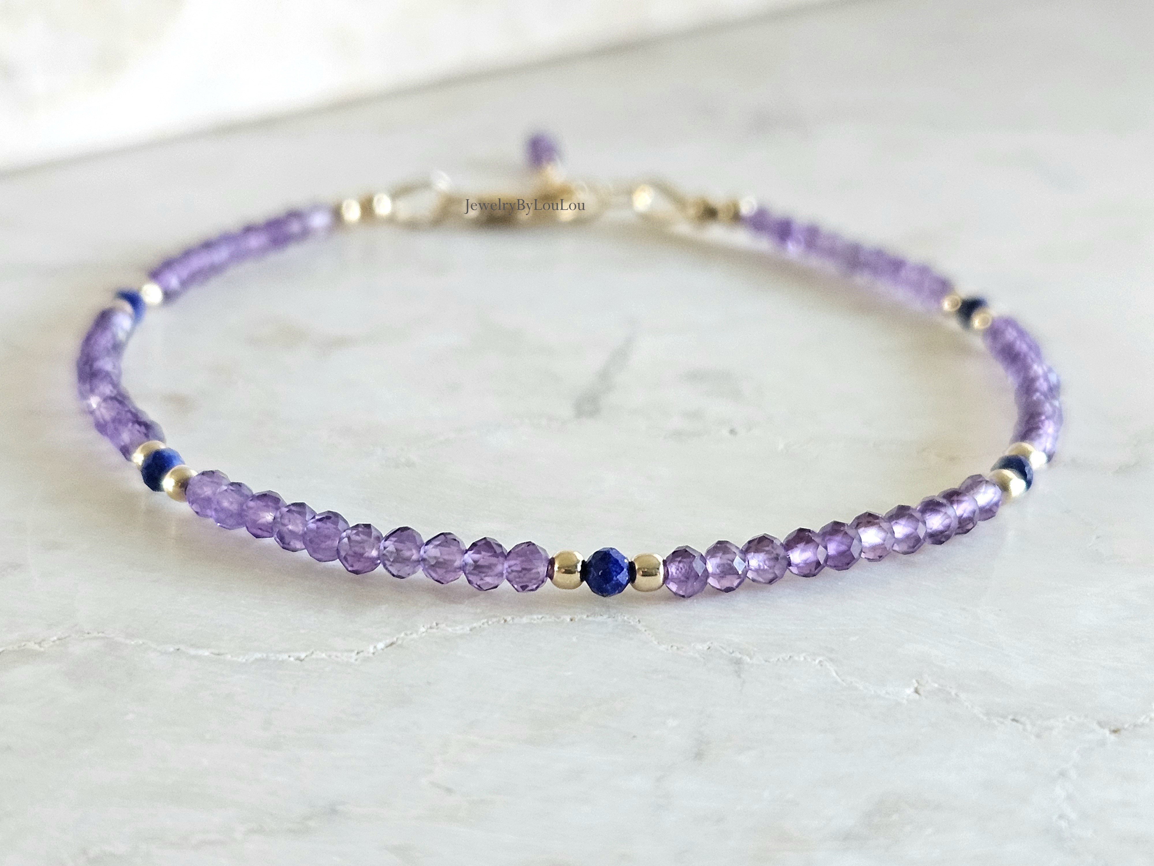 Amethist & Lapis Lazuli edelstenen kralen armband, leverbaar 14k goldfilled - 925 sterling zilver
