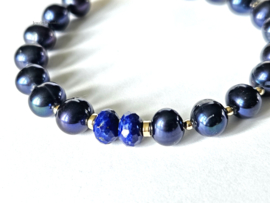 Donkerblauwe zoetwaterparel en Lapis Lazuli kralenarmband ,  925 sterling zilver - 14k goldfilled