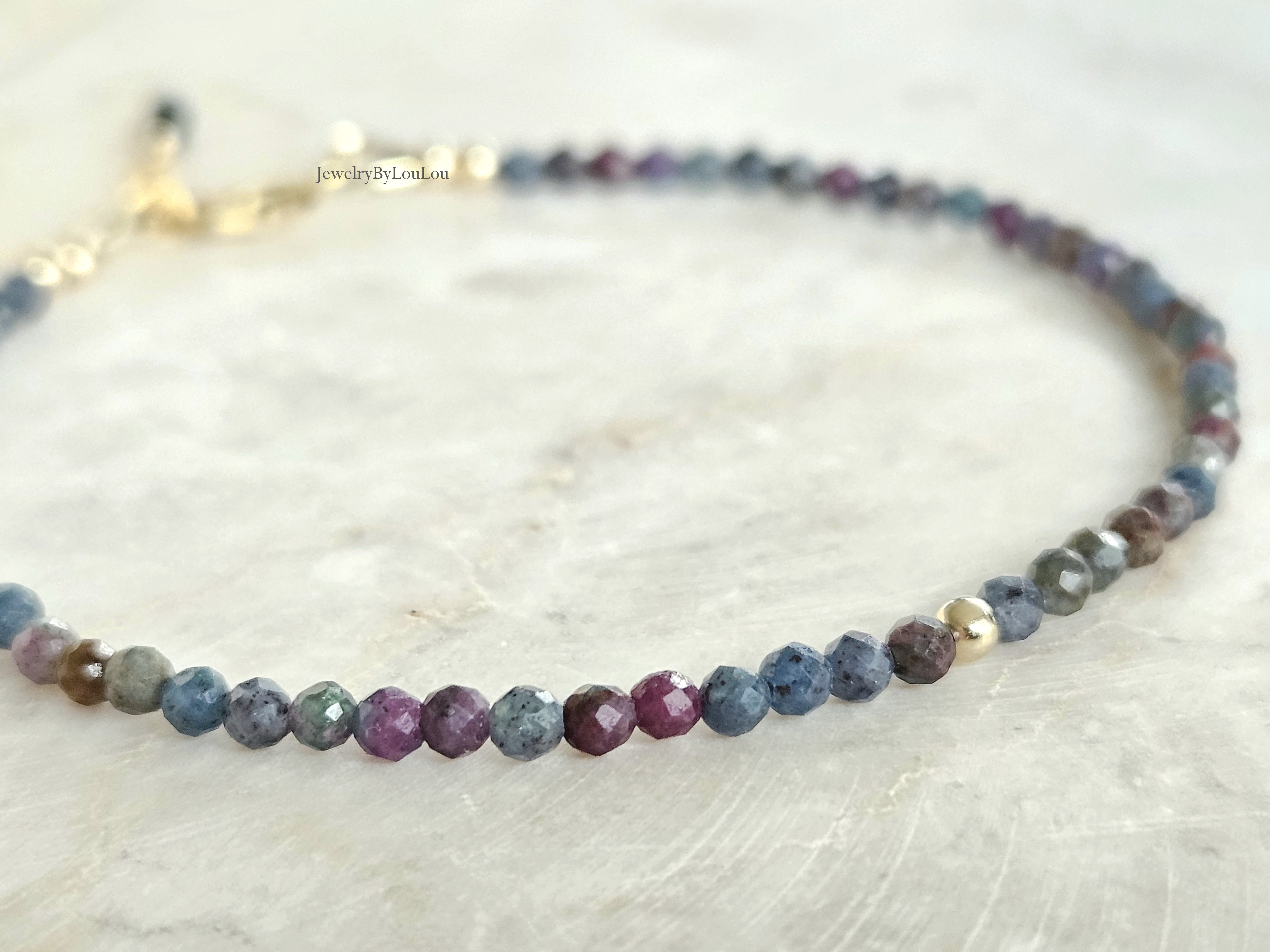 Robijn-Fuchsiet in Kyaniet kralen armband  14k goldfilled - 925 sterling zilver