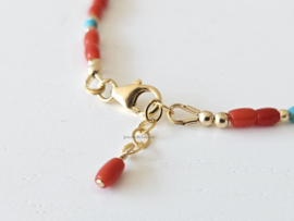 Rode diepzee Koraal en Turquoise kralen armband, 14k goldfilled - 925 sterling zilver