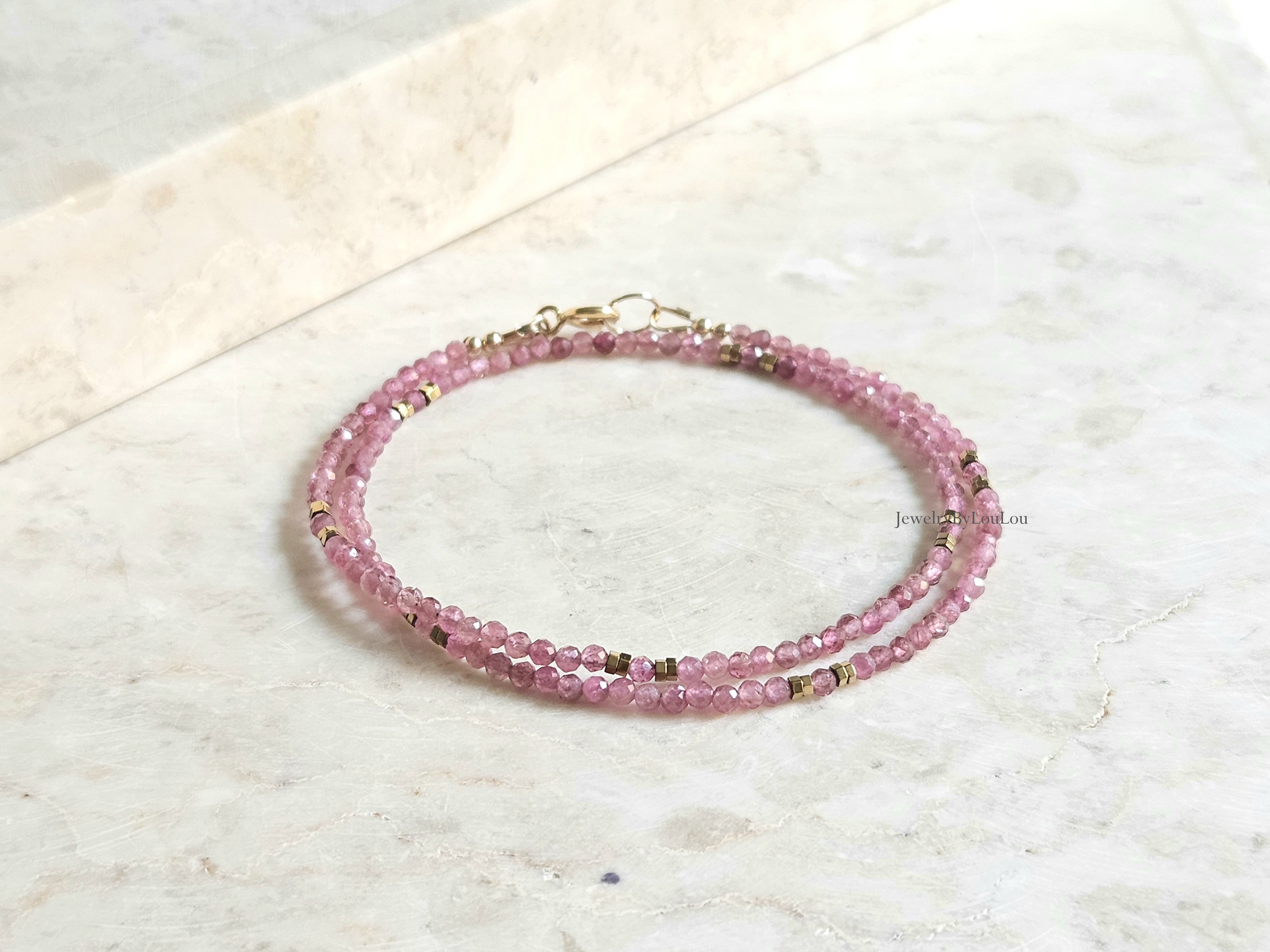 Roze Toermalijn kralen ketting, 14k goldfilled - 925 sterling zilver