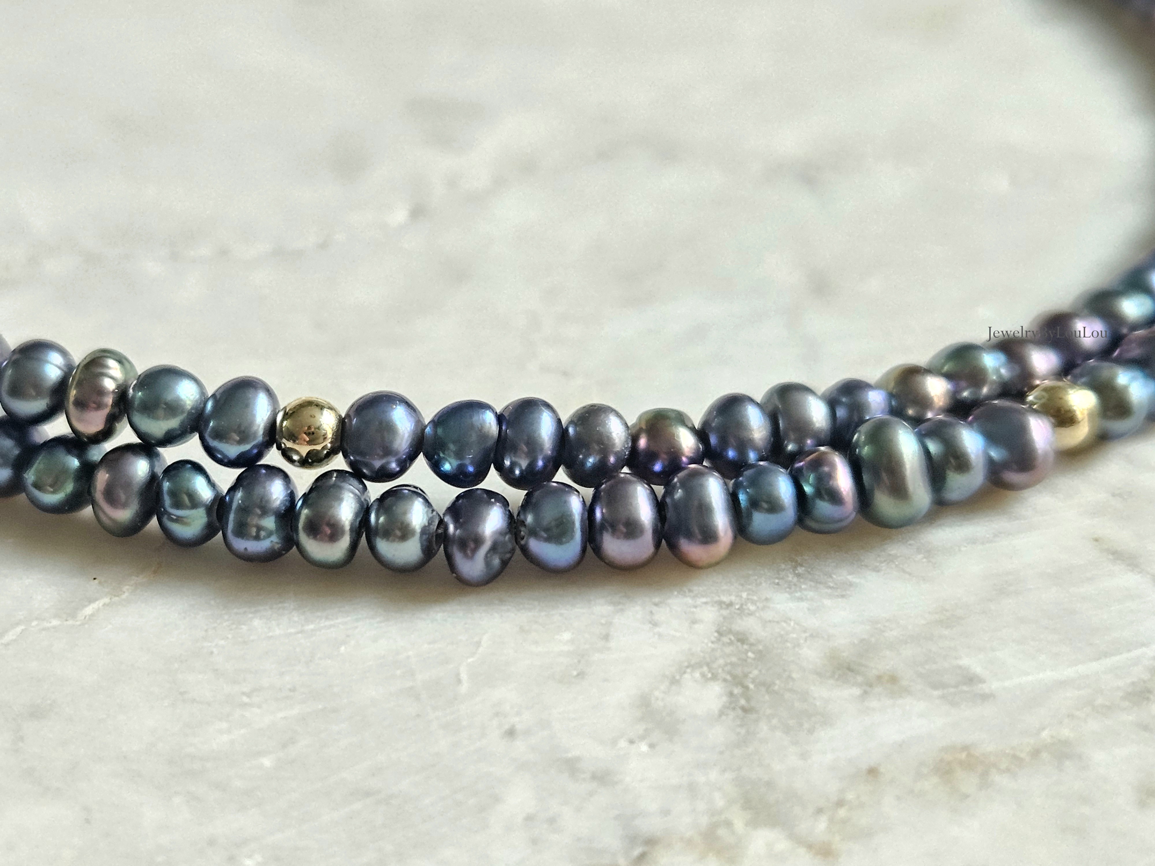 Peacock freshwaterpearl beaded necklace, 14k goldfilled - 925 sterling silver
