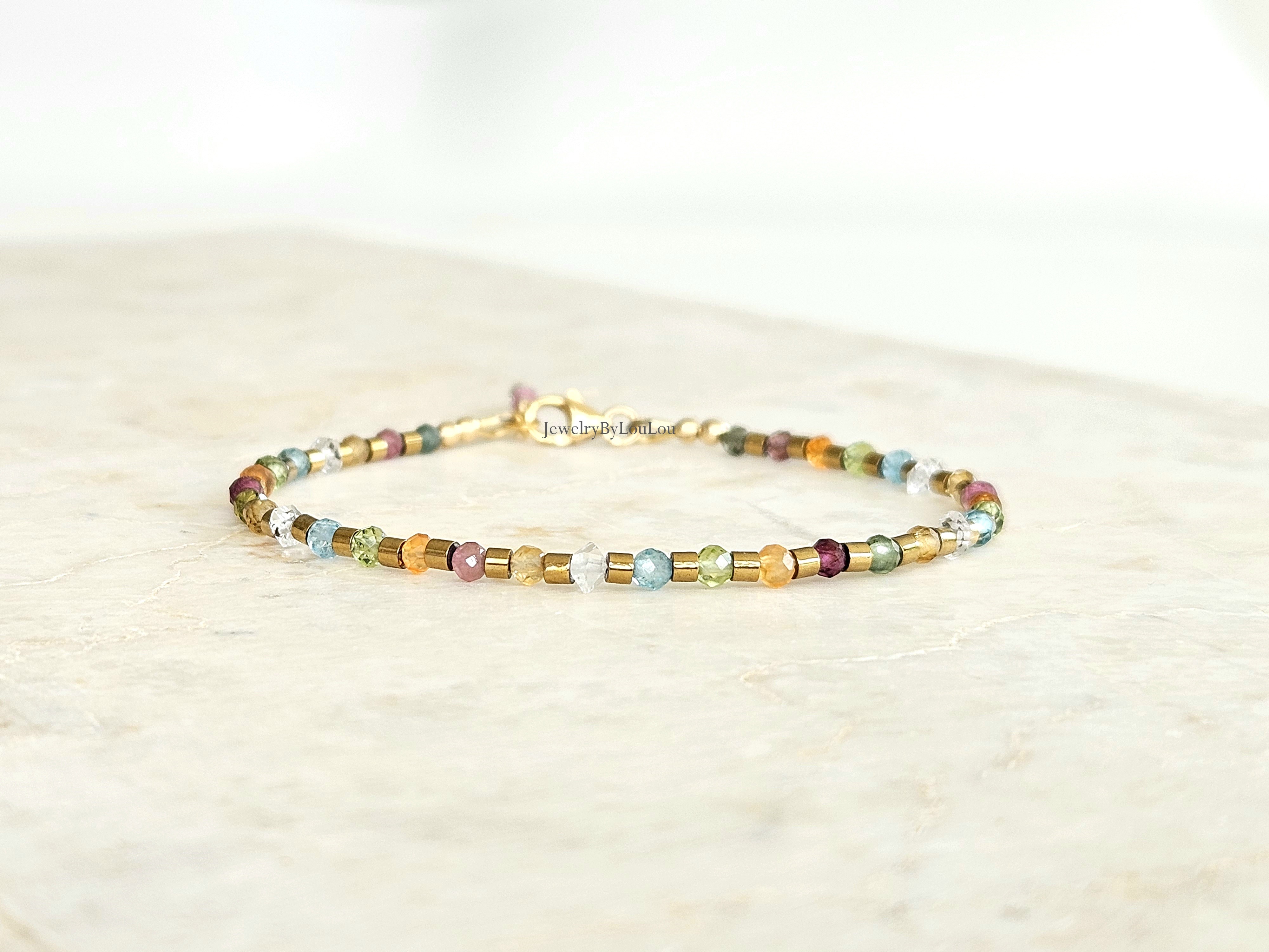 Armband Hematiet en gekleurde edelstenen kralen, 14k goldfilled - 925 sterling zilver