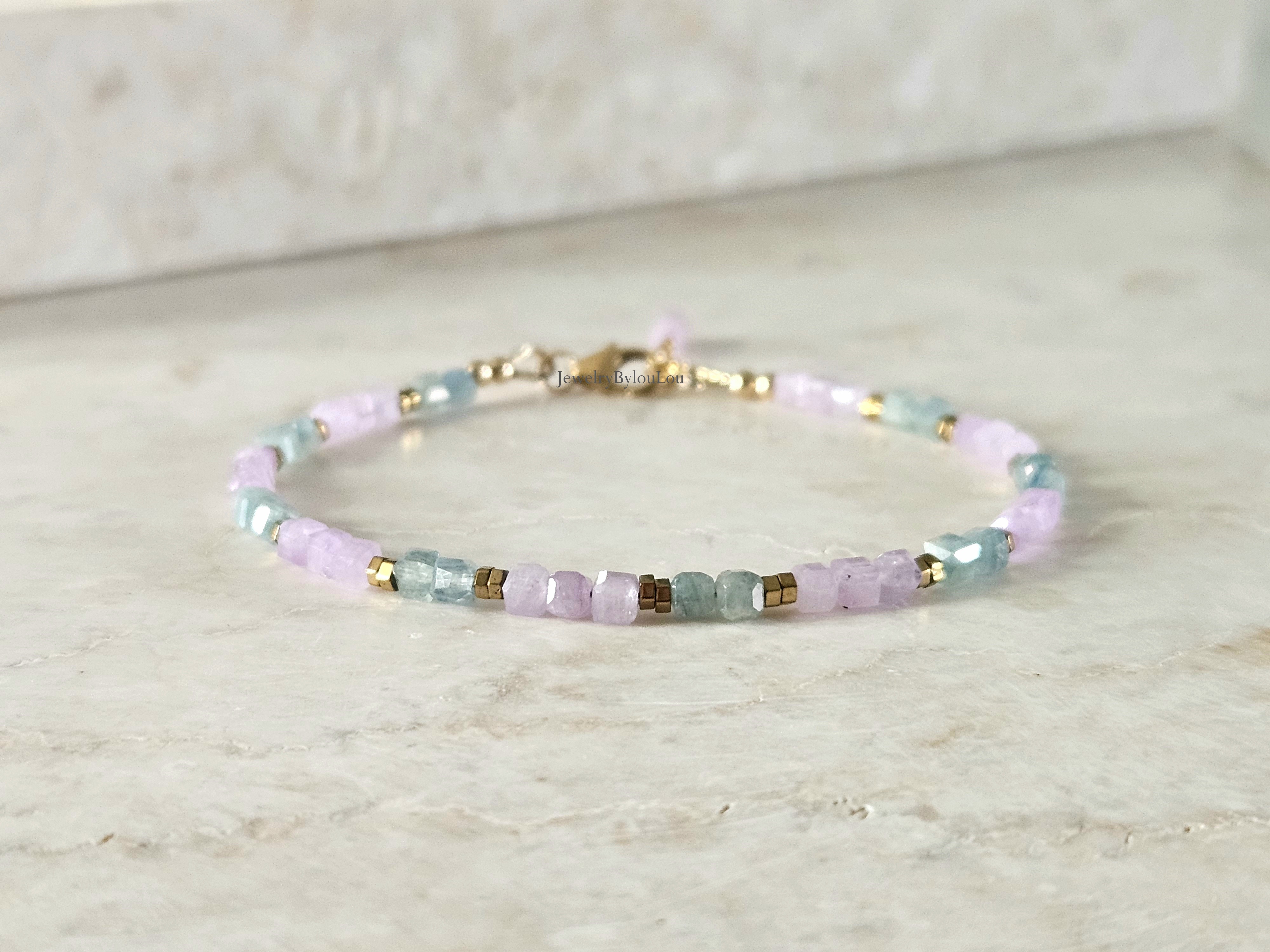 Kunziet en groen-blauwe Kyaniet kralen armband, 14k goldfilled & 925 sterling zilver