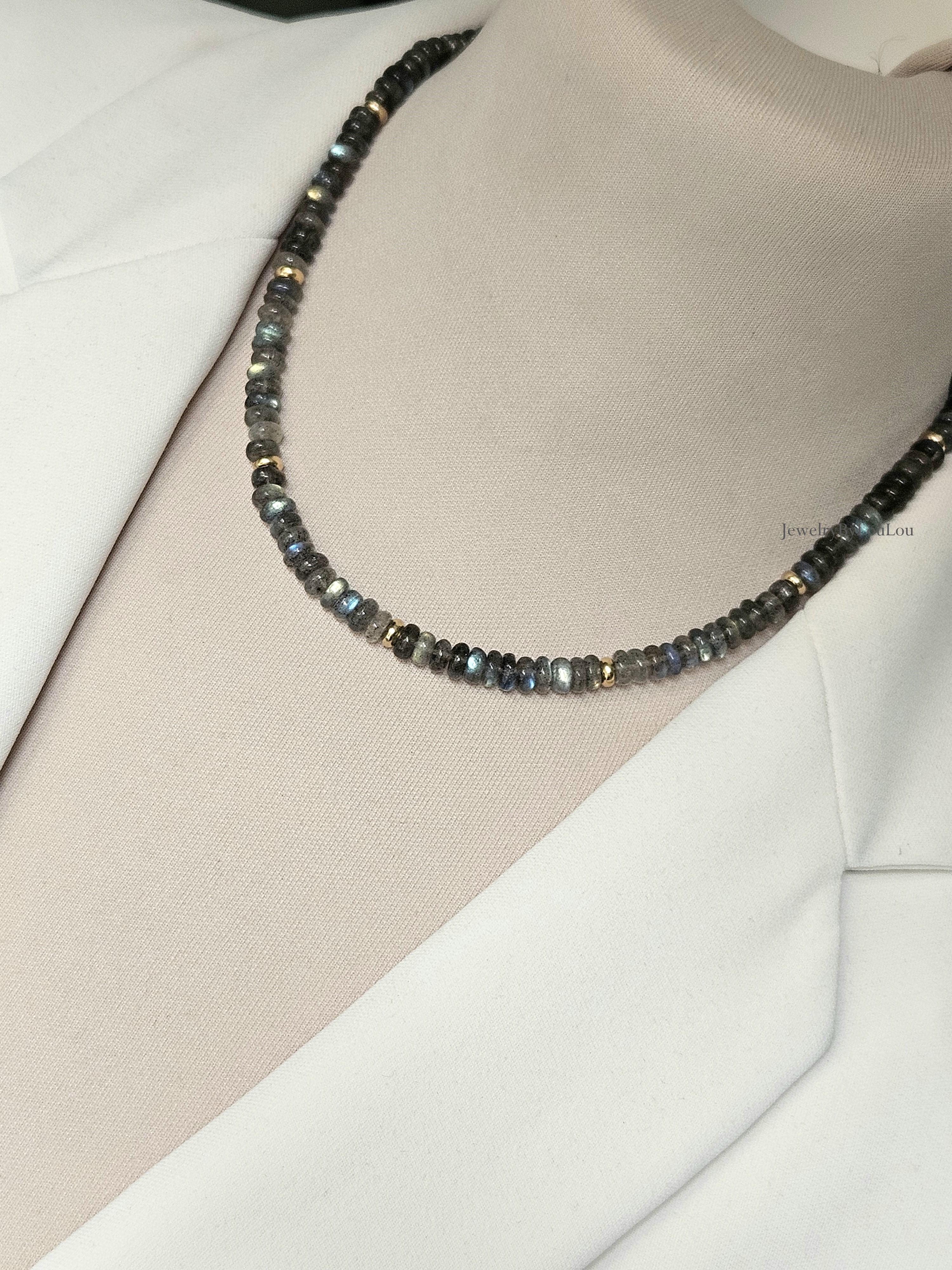 Labradoriet kralen ketting, 14k goldfilled - 925 sterling zilver