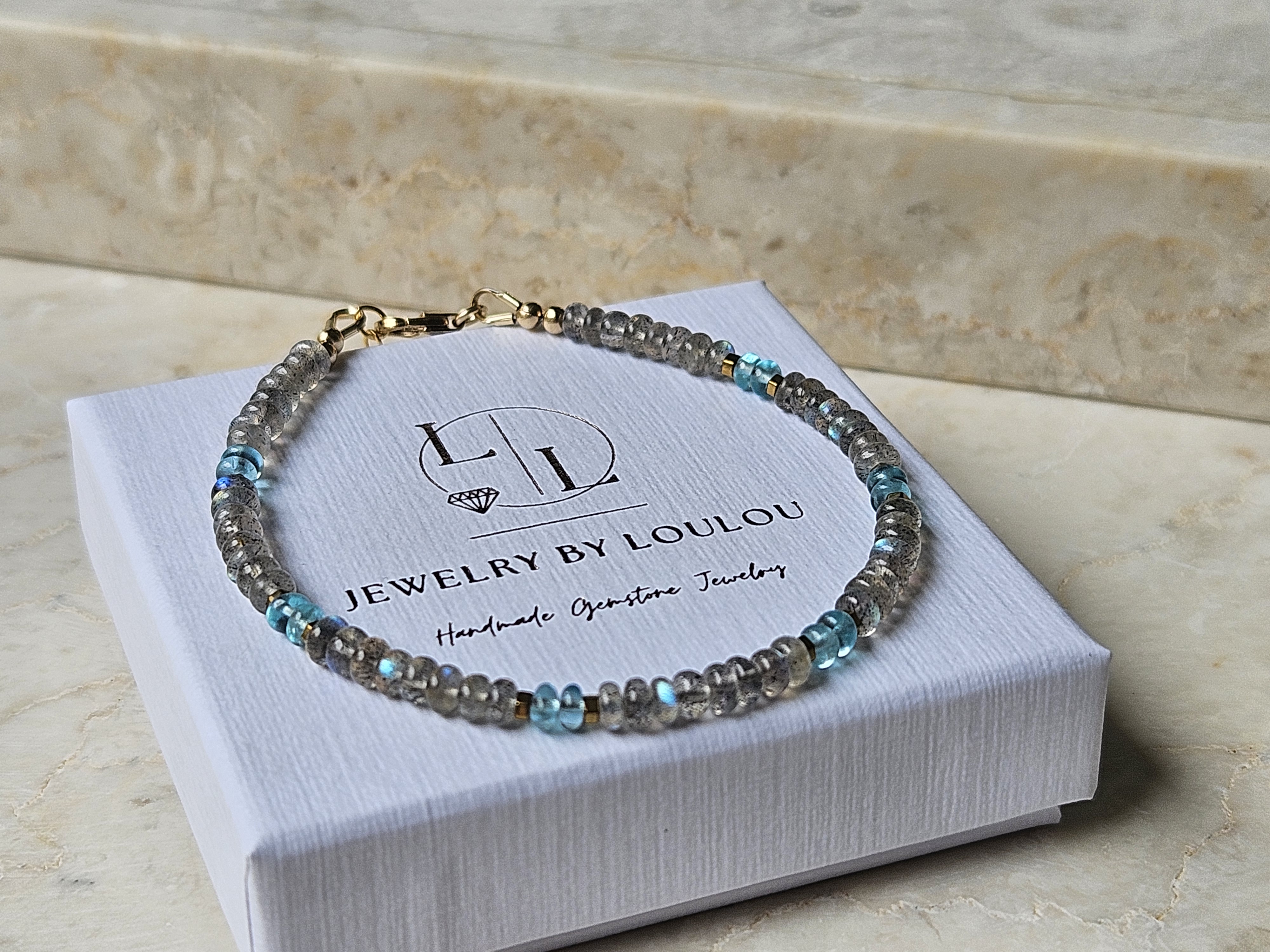 Labradoriet en Apatiet edelstenen kralen armband ,  925 sterling zilver - 14k goldfilled