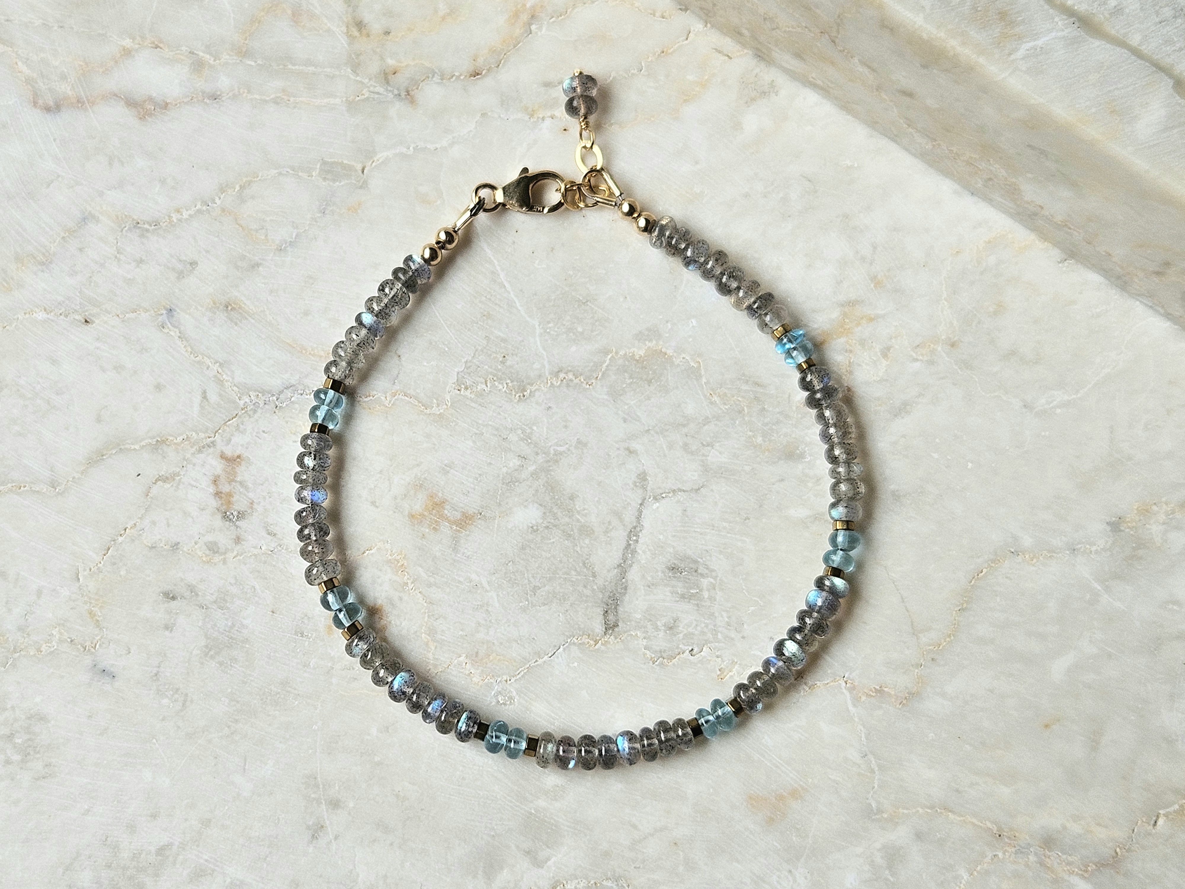 Labradoriet en Apatiet edelstenen kralen armband ,  925 sterling zilver - 14k goldfilled