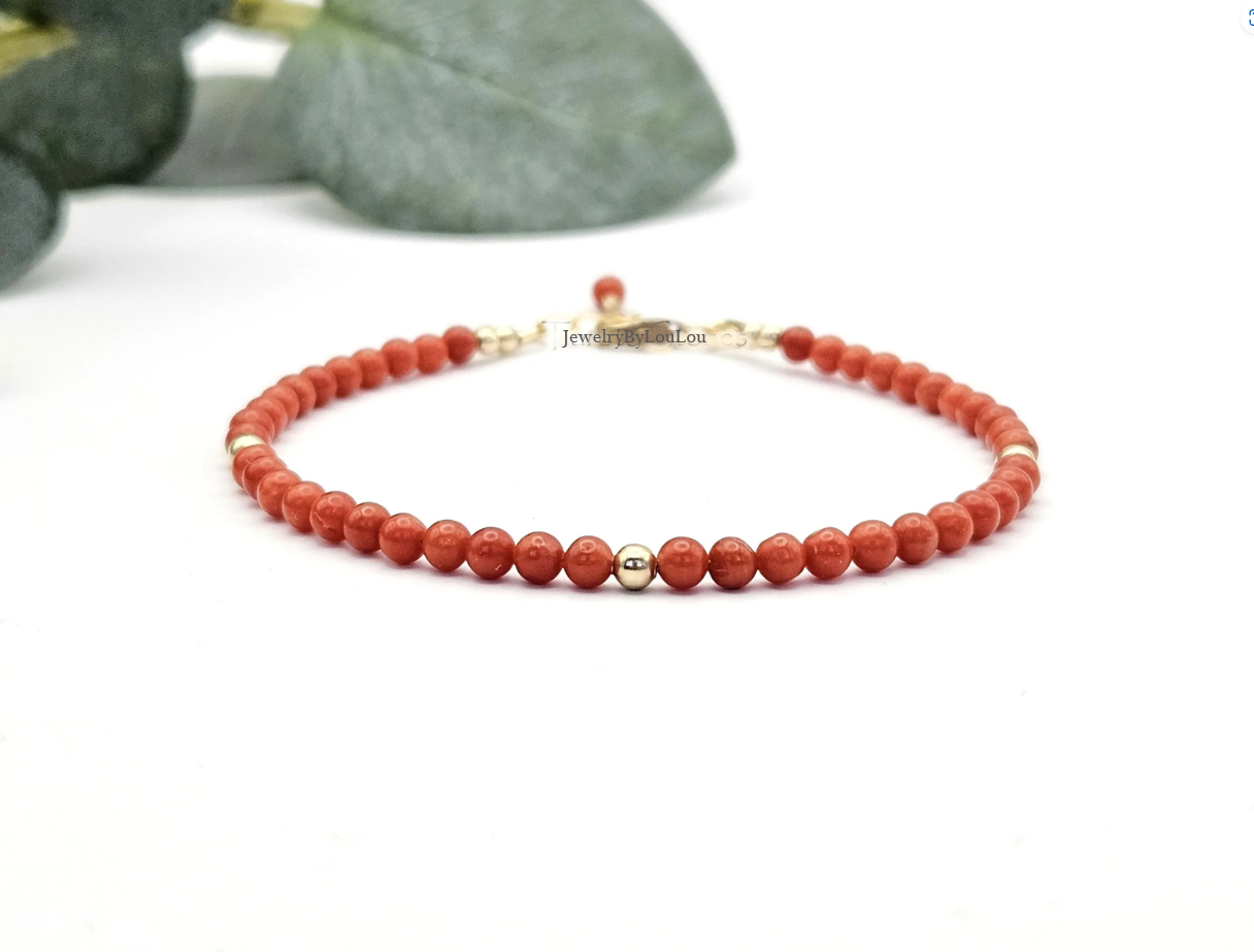 Italian coral beaded bracelet, 14k goldfilled & 925 sterling silver